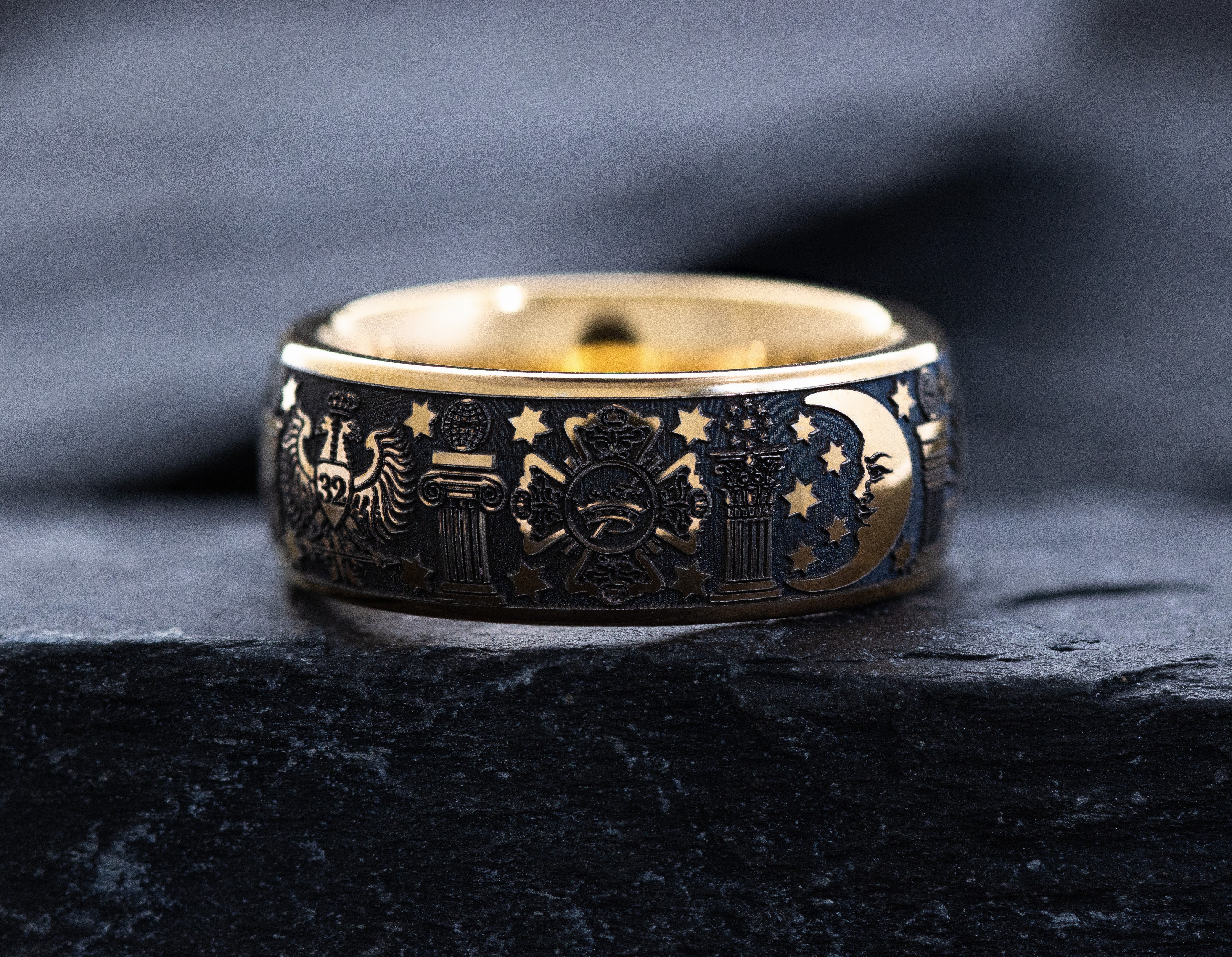 8mm Rose Gold Plated Tantalum Ring with Deep Engraved Masonic Symbols