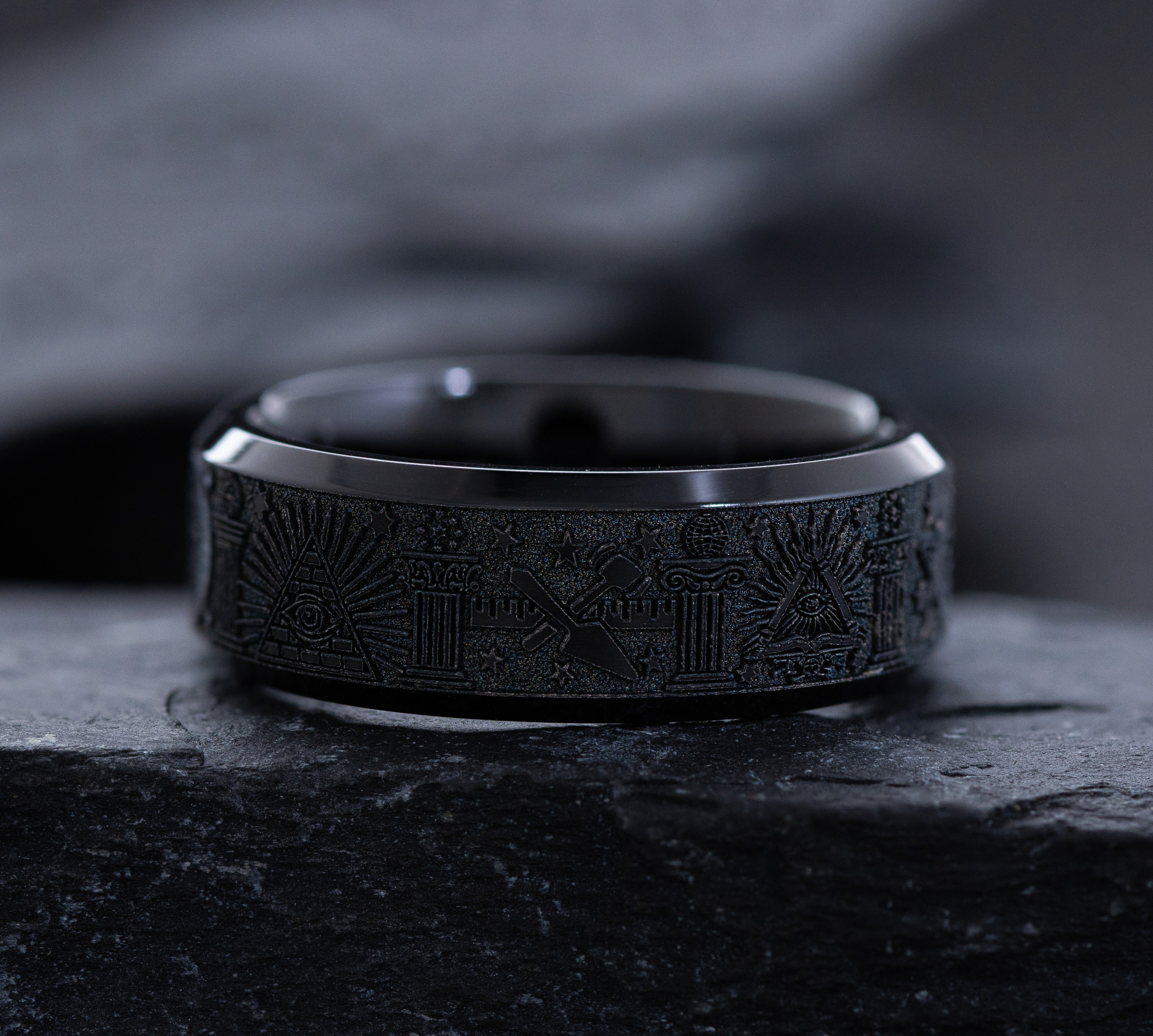Black on Black 8mm Titanium Ring with Deep Engraved Masonic Symbolism