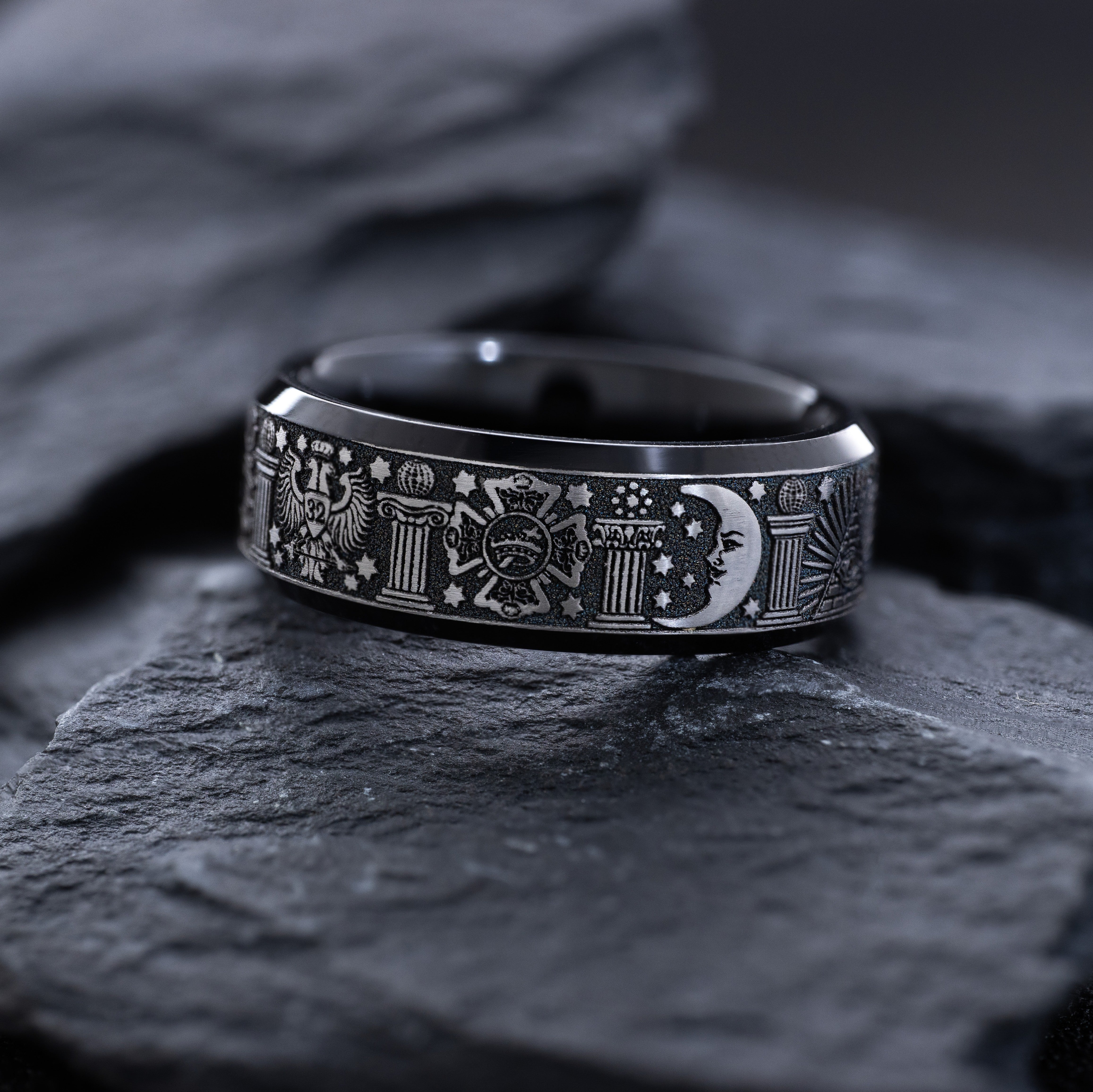8mm Black Titanium Band with Deep Engraved Masonic Symbols