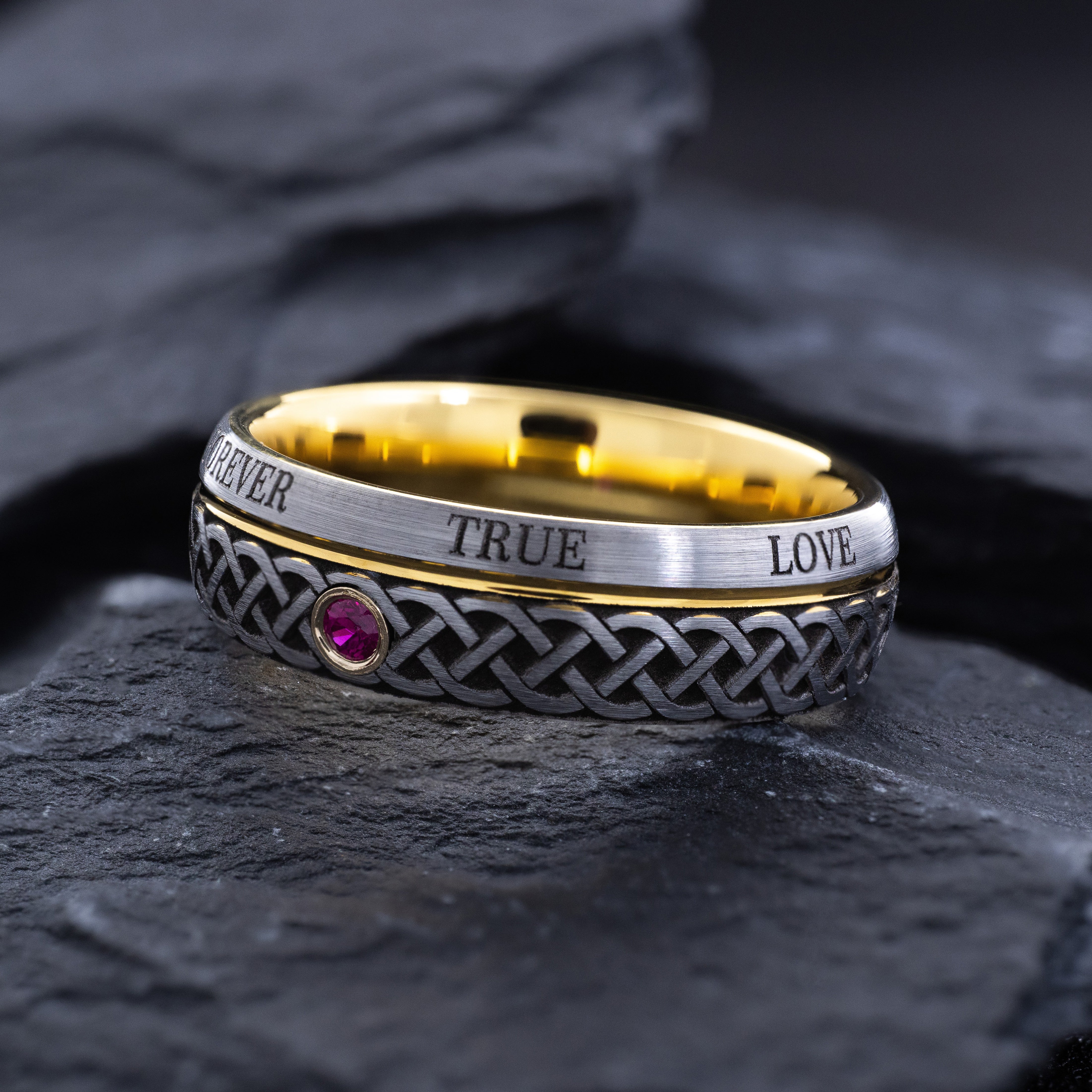 Tungsten Carbide 7mm Ring with Yellow Gold Plating, Gemstone, Engraved Celtic Knot and Romantic Text