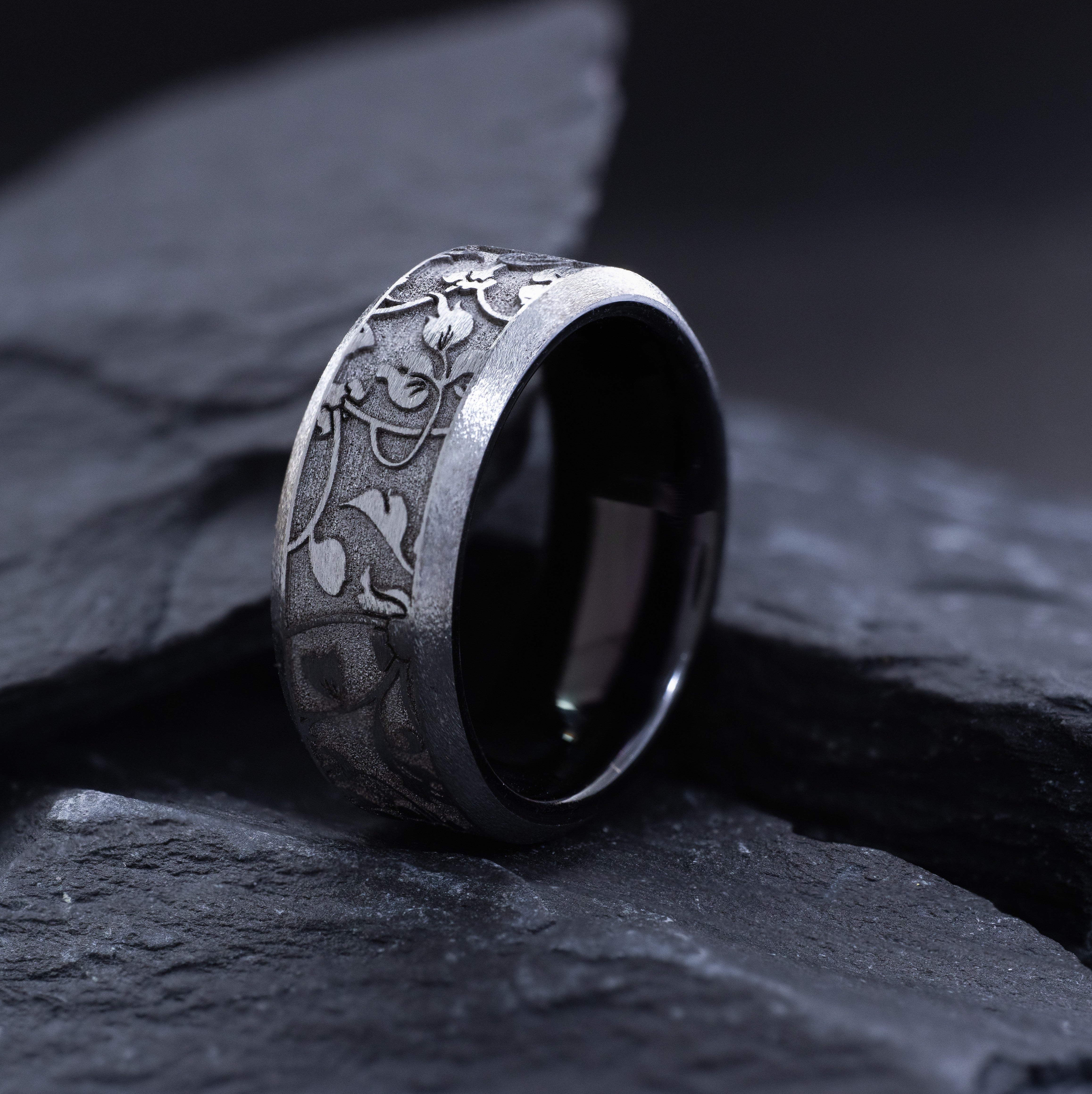 Edwardian Deep Engraved Tungsten Carbide Ring, 8mm Band with Floral Engravings