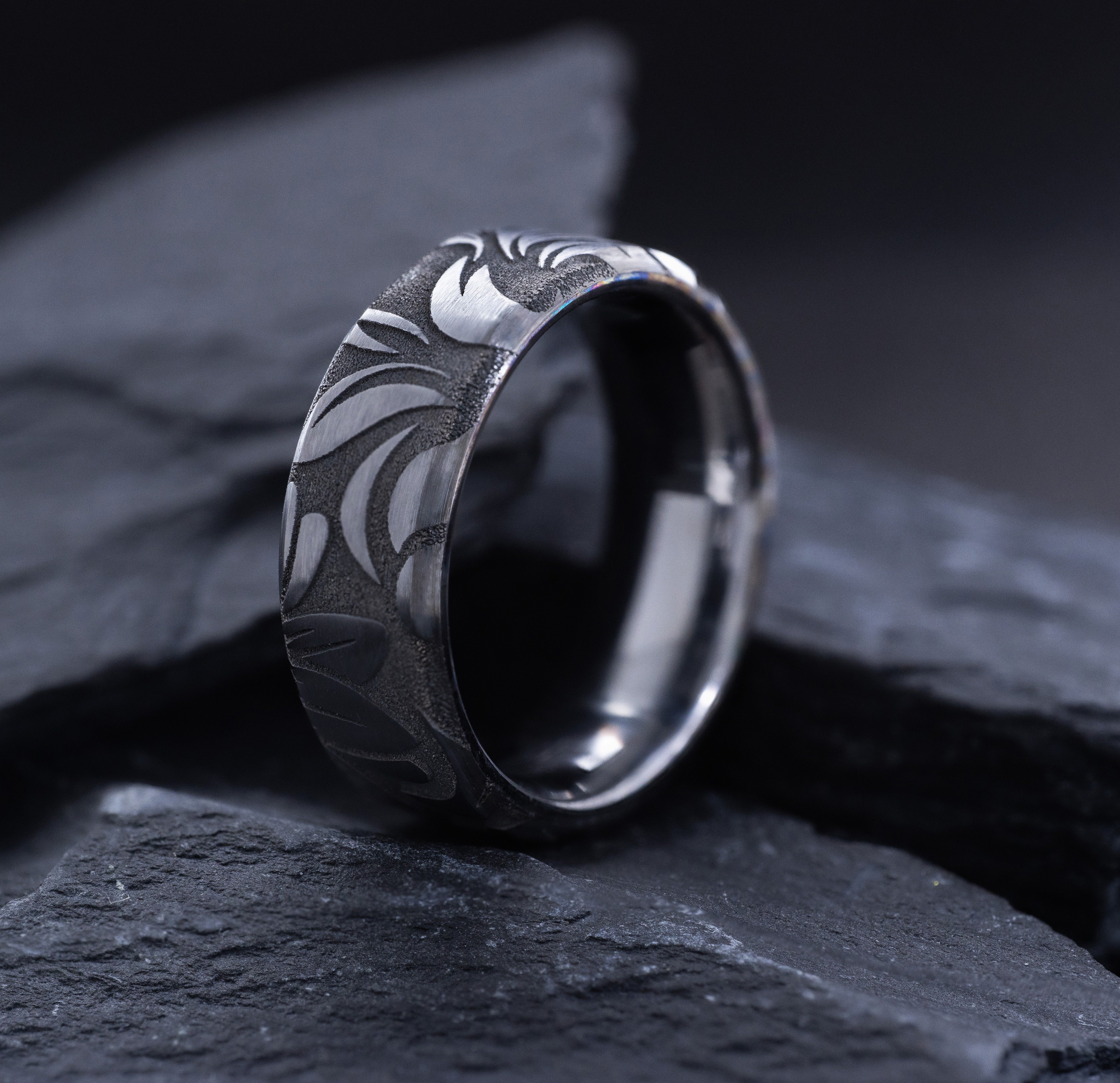 Hawaiian Floral Deep Engraved Tungsten Carbide Ring, 8mm Wedding Band