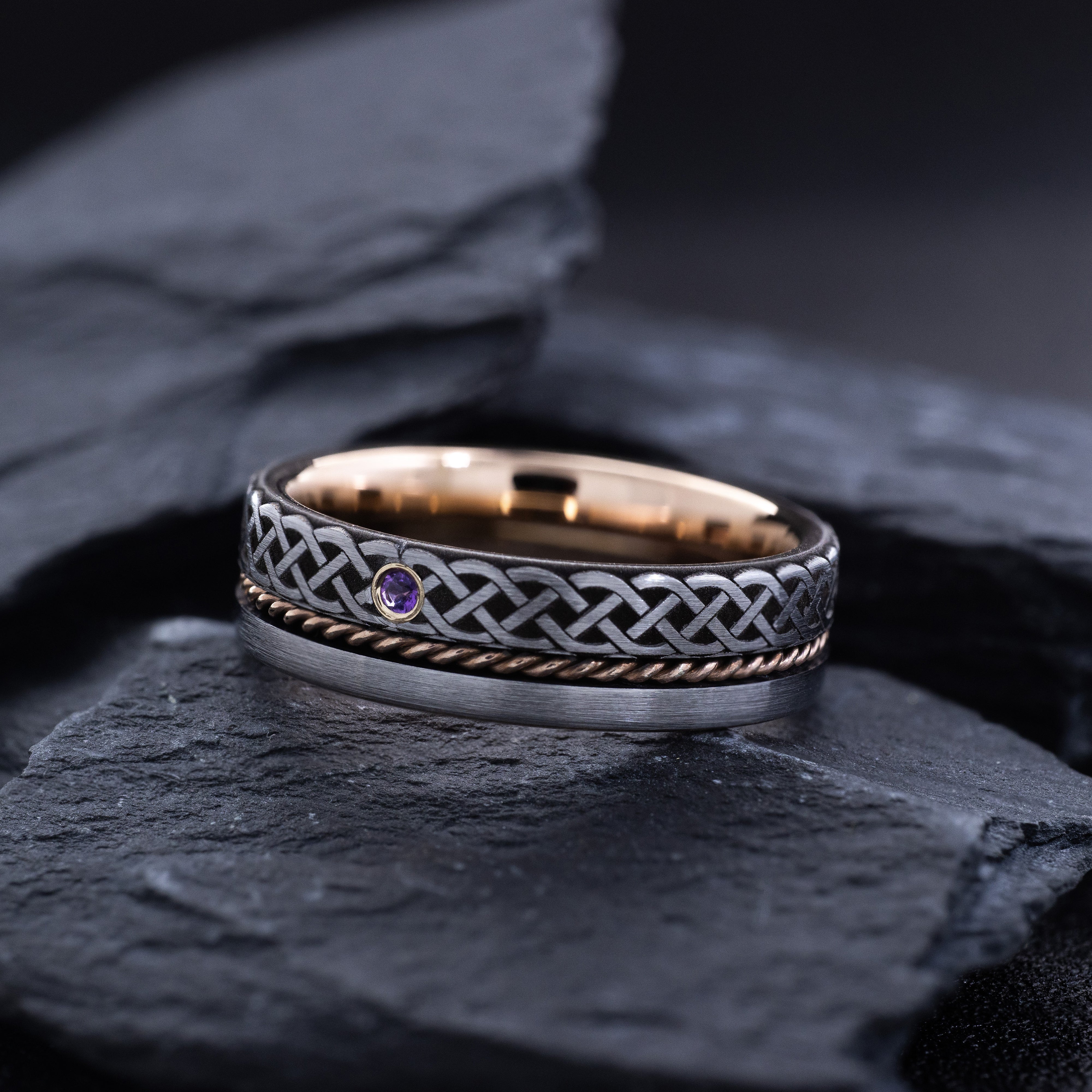7mm Rose Gold Plated Tungsten Carbide Ring with Twisted Rope, Irish Knot Engravings & Gemstone