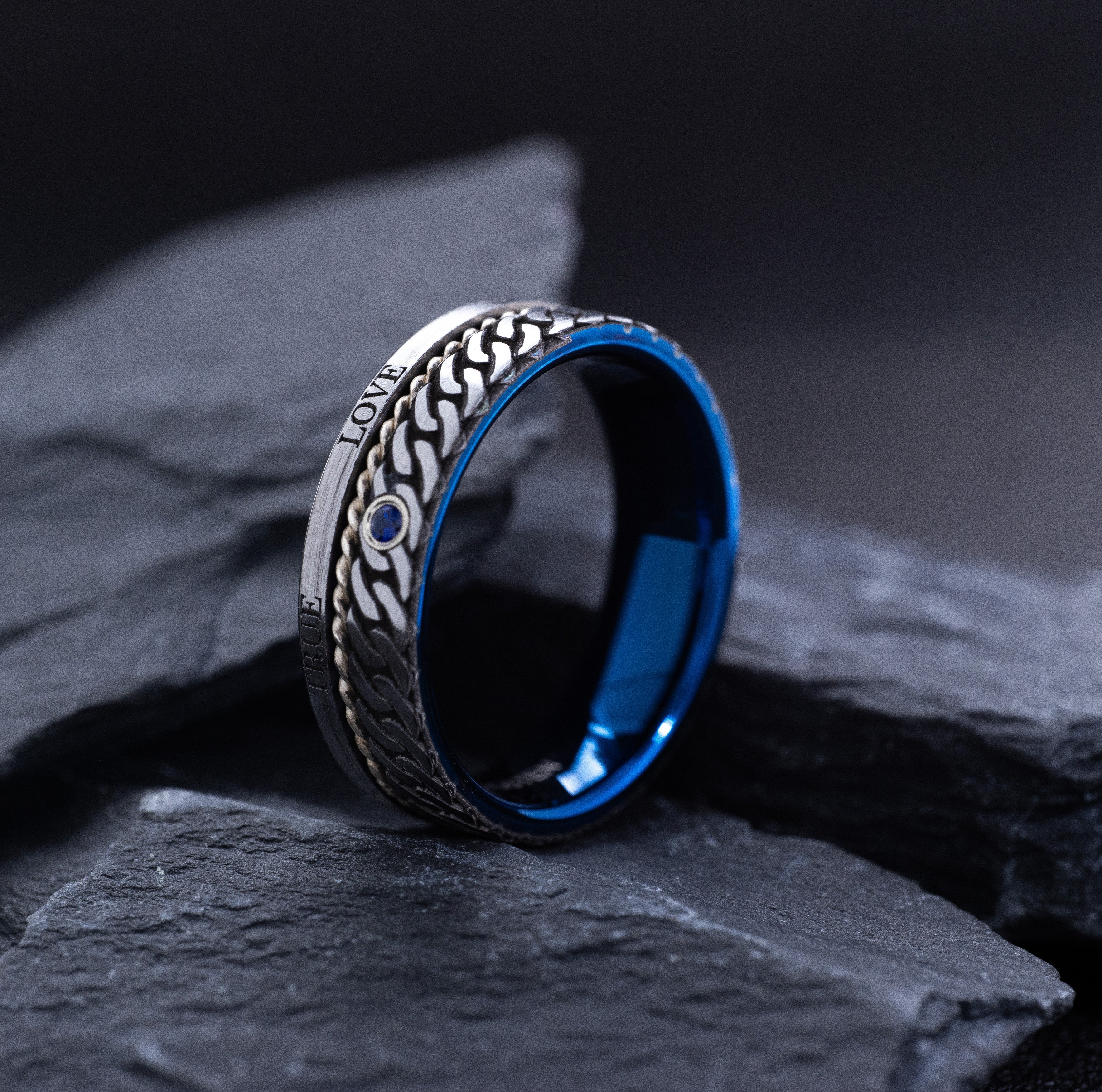7mm Blue Tungsten Carbide Band with Braided Rope, Deep Engraved Celtic Knot, Birthstone, and Romantic Engravings