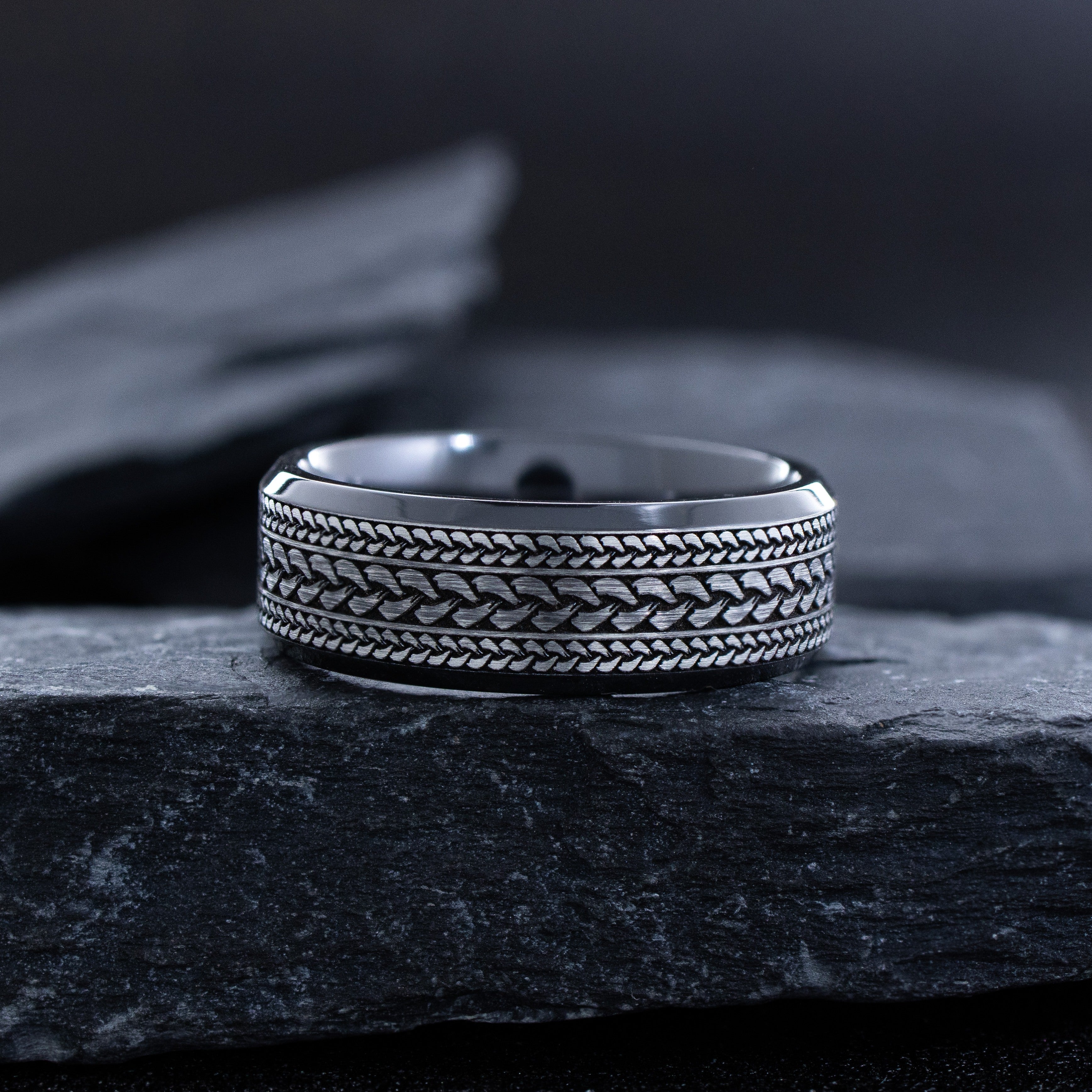 8mm Black Titanium Band with Deep Engraved Braid