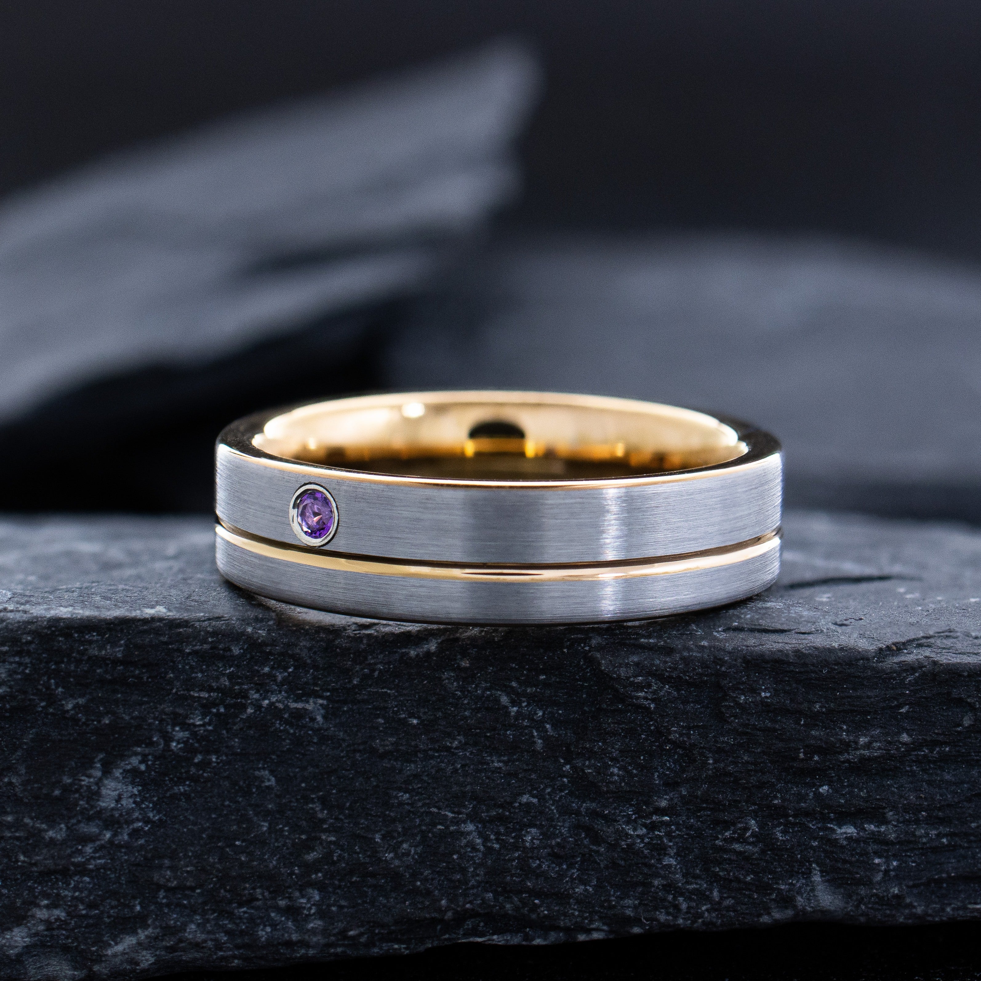 6mm Rose Gold Plated Tungsten Carbide Wedding Band with Groove and Gemstone