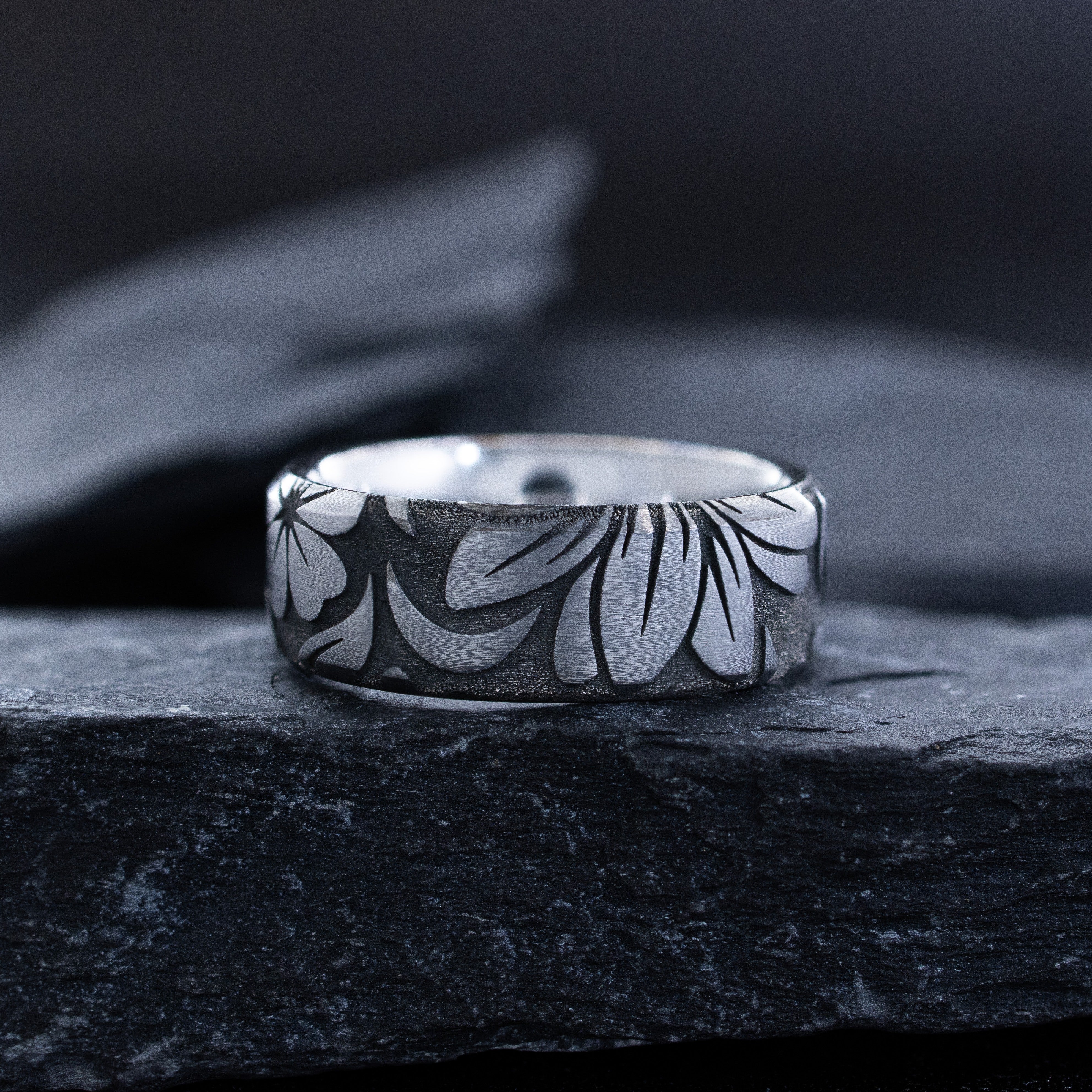 Hawaiian Floral Deep Engraved Tungsten Carbide Ring, 8mm Wedding Band