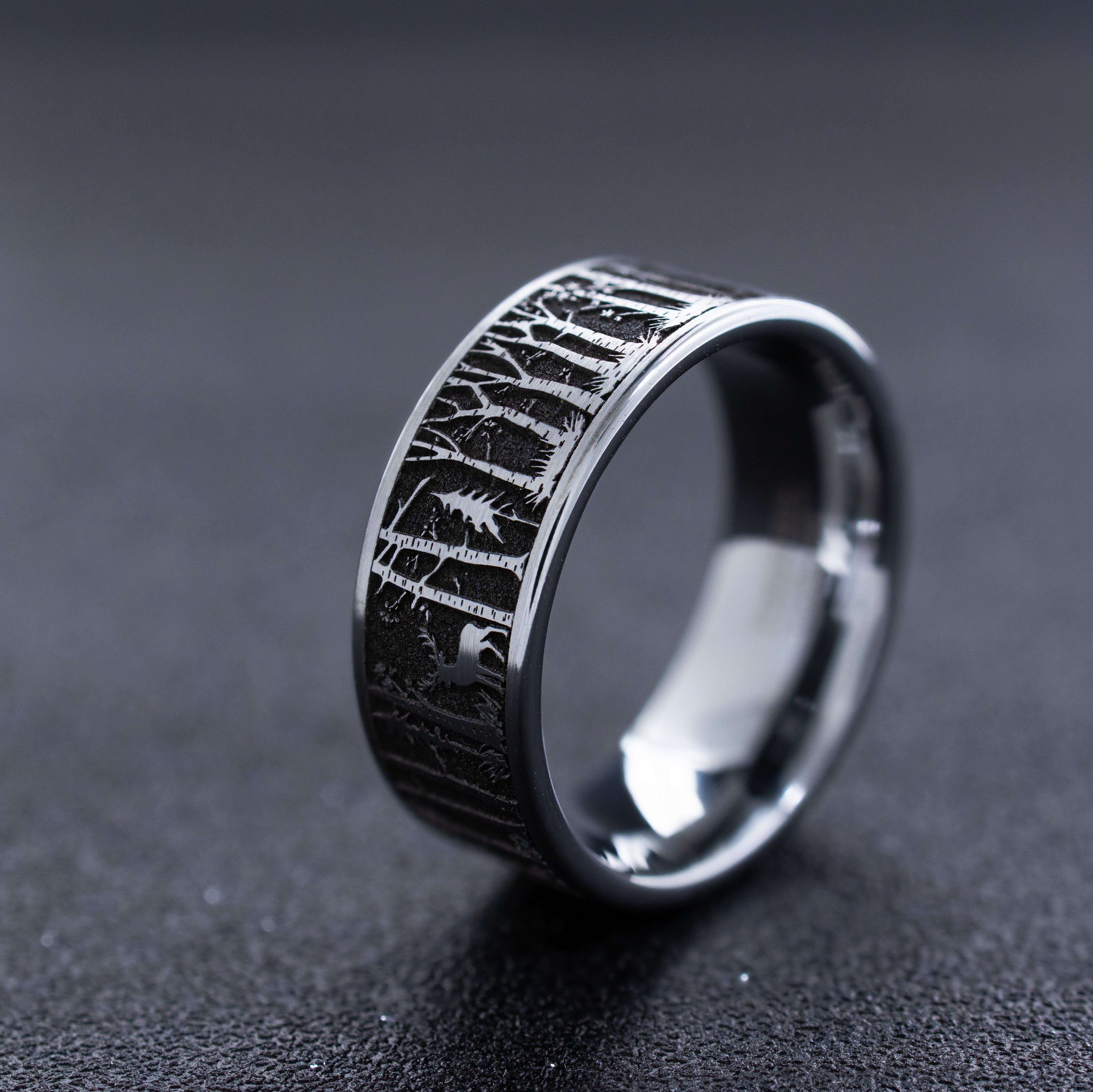 Forest Woodland and Elk Deep Engraved Tungsten Carbide Ring, 9mm Wedding Band Inspired by the Outdoors