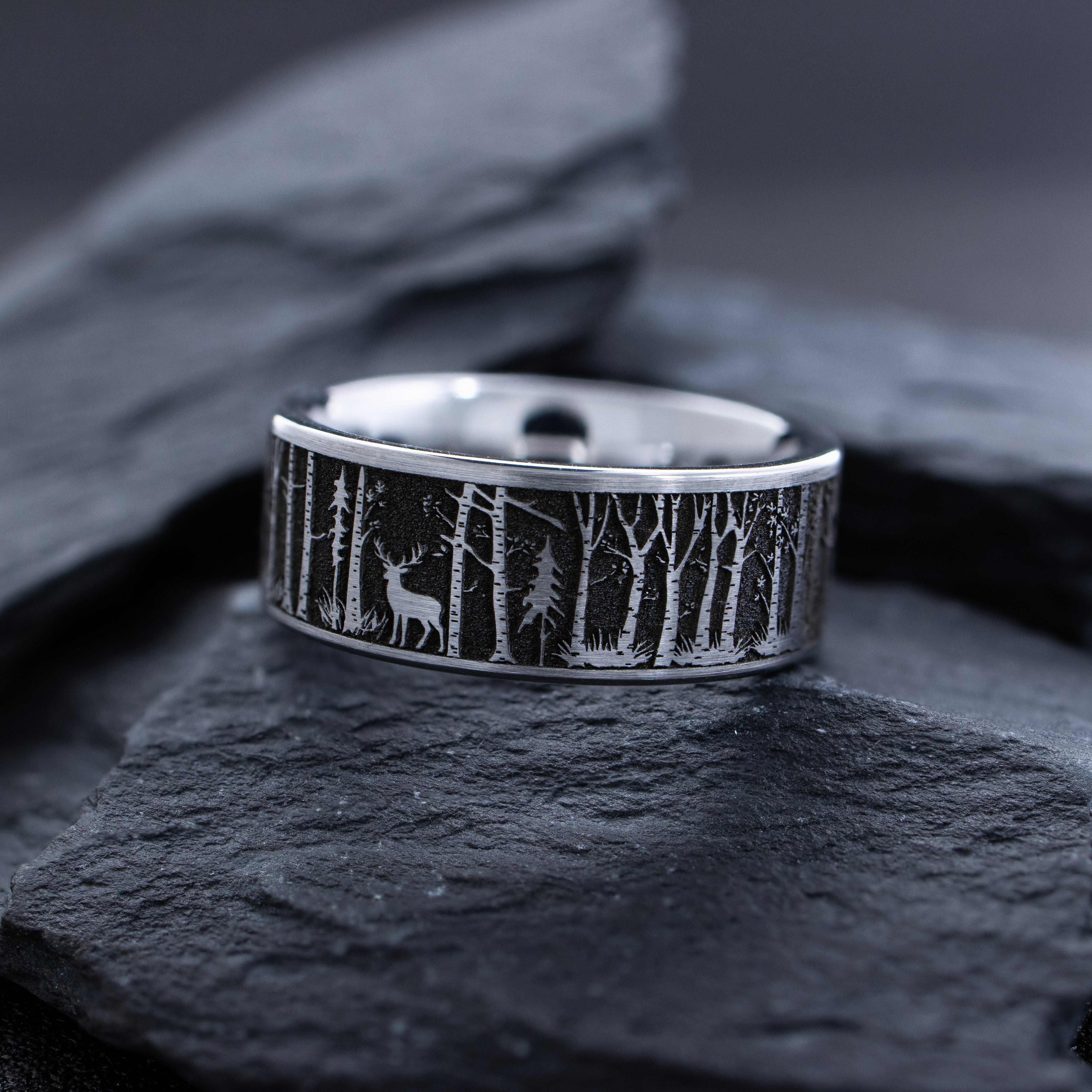 Forest Woodland and Elk Deep Engraved Tungsten Carbide Ring, 9mm Wedding Band Inspired by the Outdoors