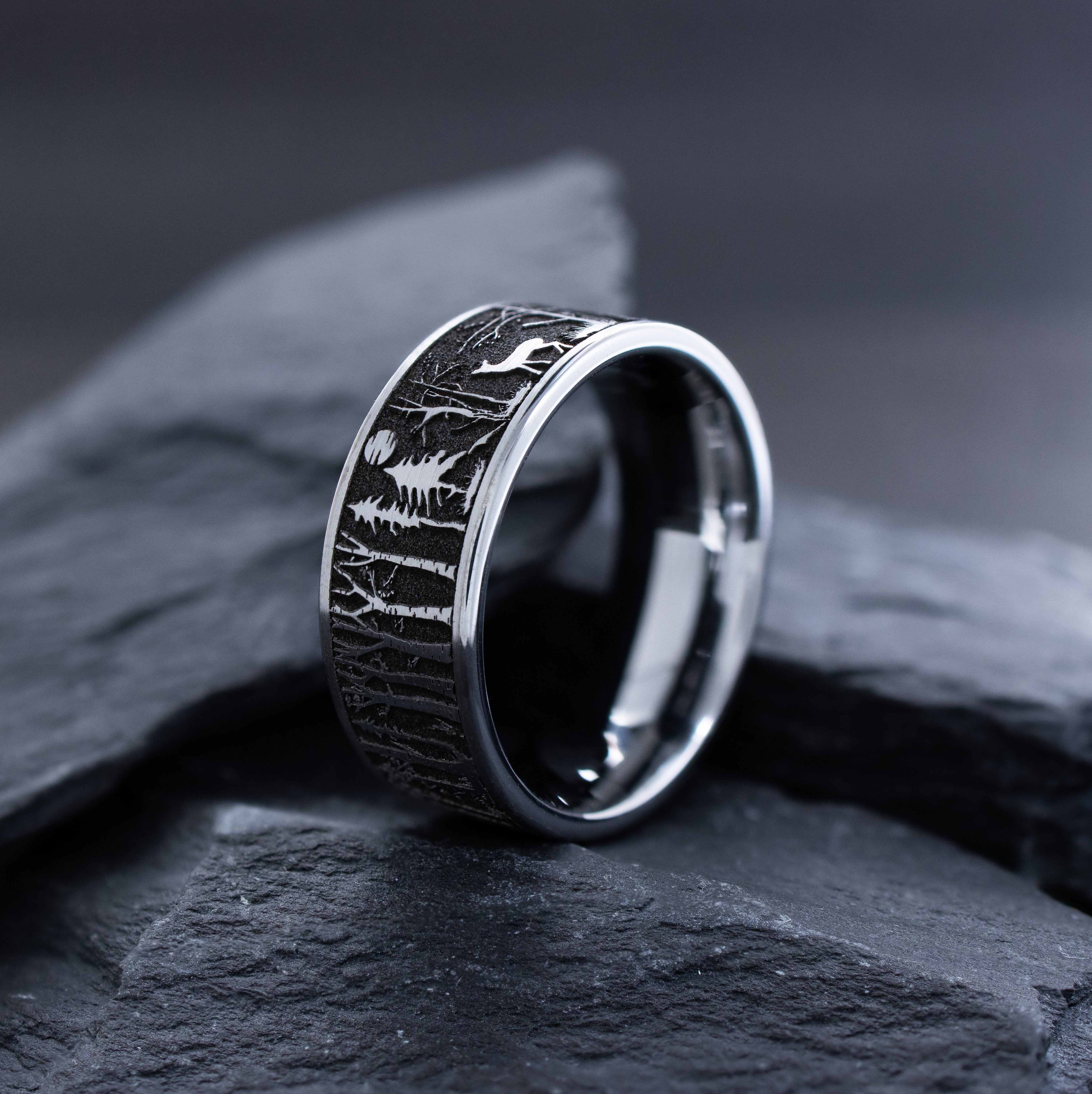 Forest Woodland and Elk Deep Engraved Tungsten Carbide Ring, 9mm Wedding Band Inspired by the Outdoors