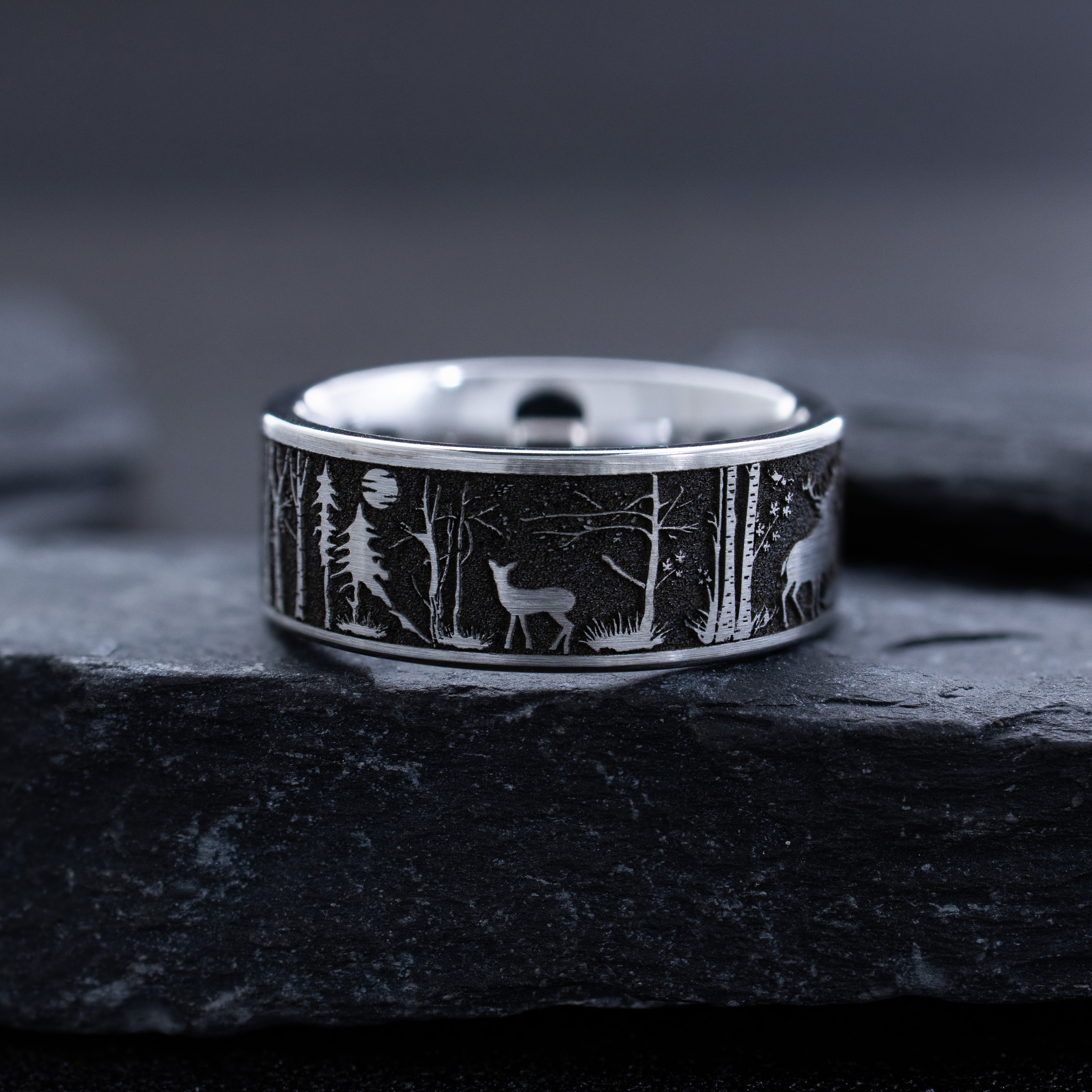 Forest Woodland and Elk Deep Engraved Tungsten Carbide Ring, 9mm Wedding Band Inspired by the Outdoors