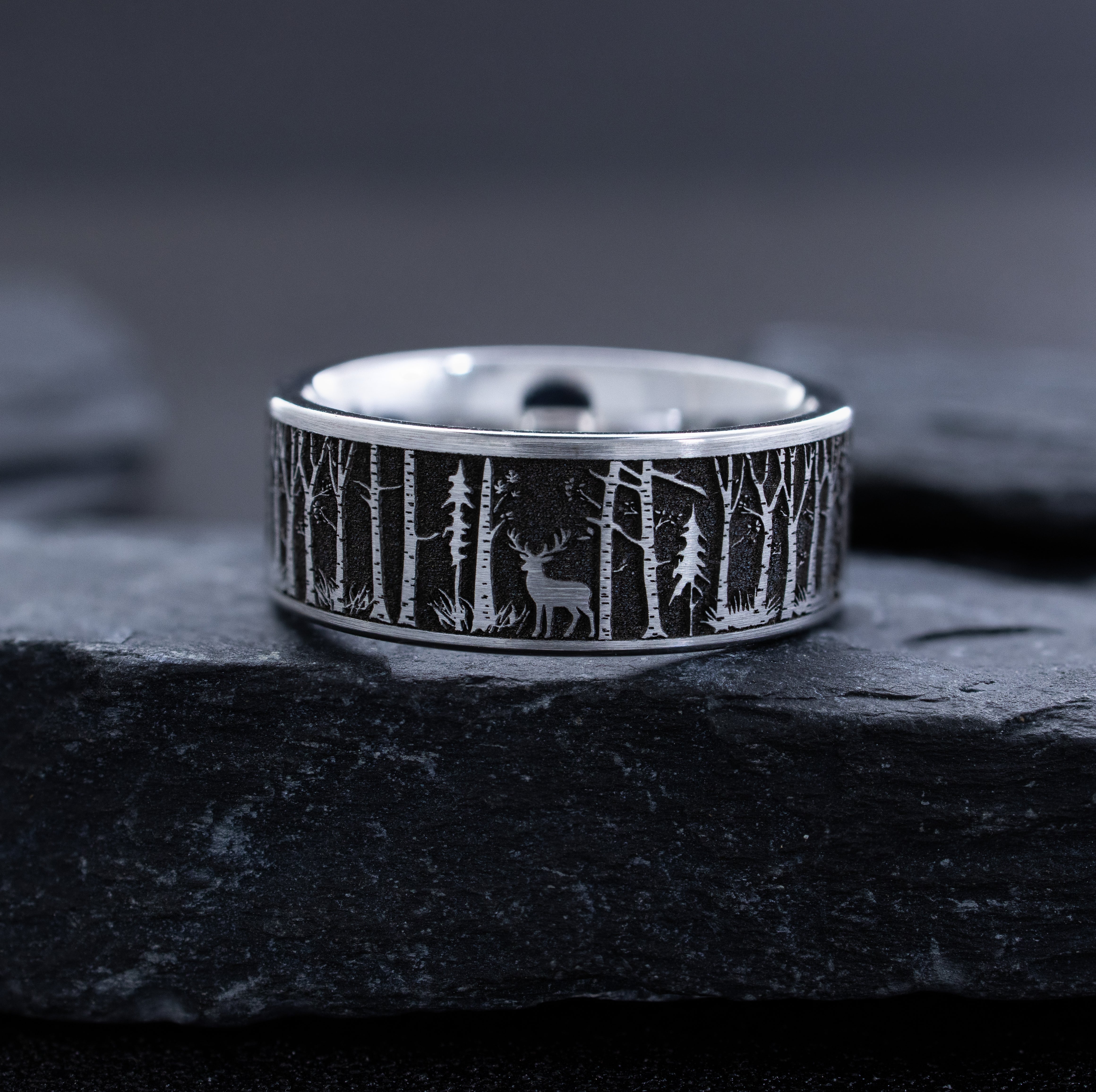 Forest Woodland and Elk Deep Engraved Tungsten Carbide Ring, 9mm Wedding Band Inspired by the Outdoors