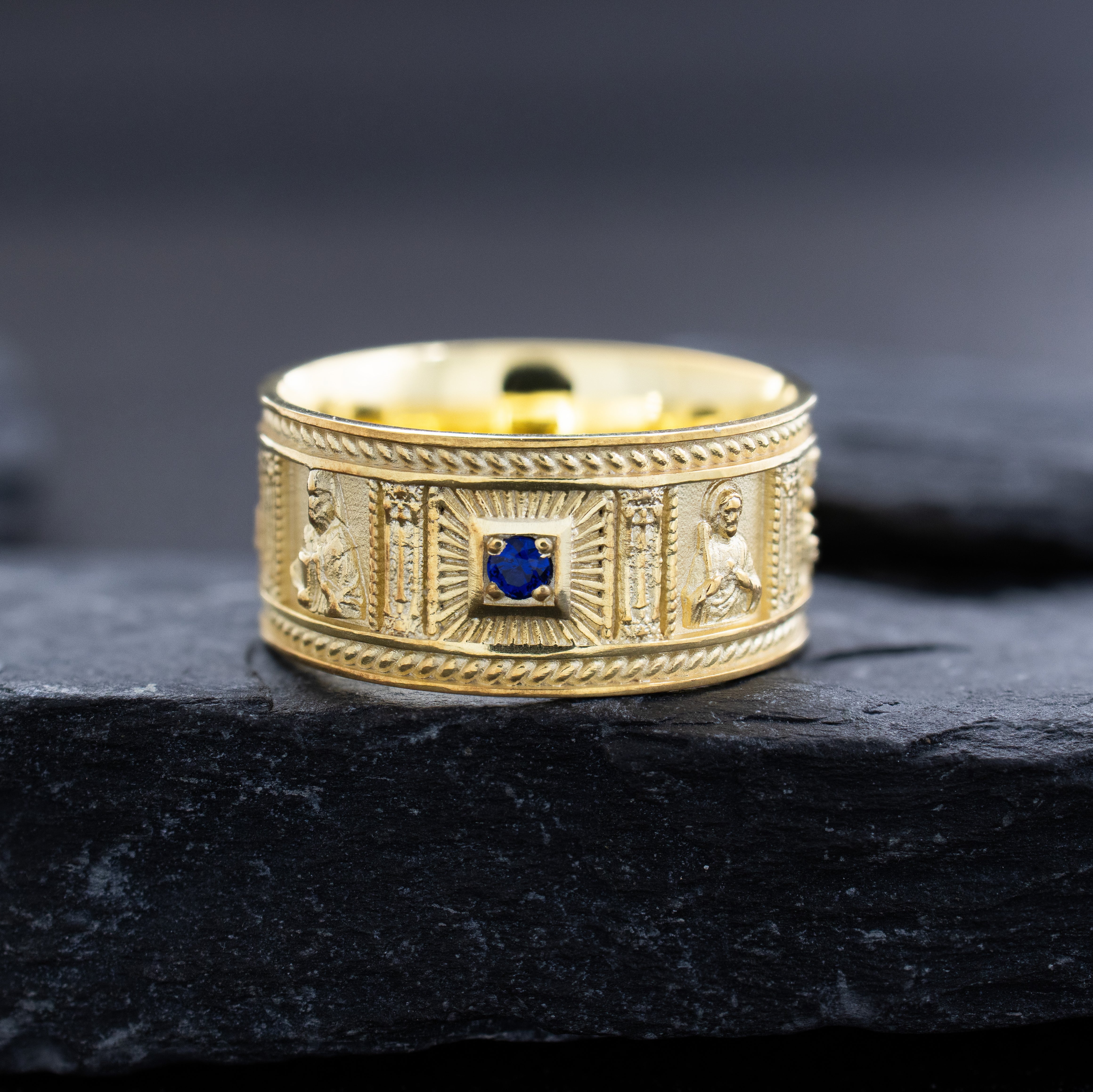 10mm Solid 14k or 18k Yellow Gold Ring with Christian Saints and Gemstone