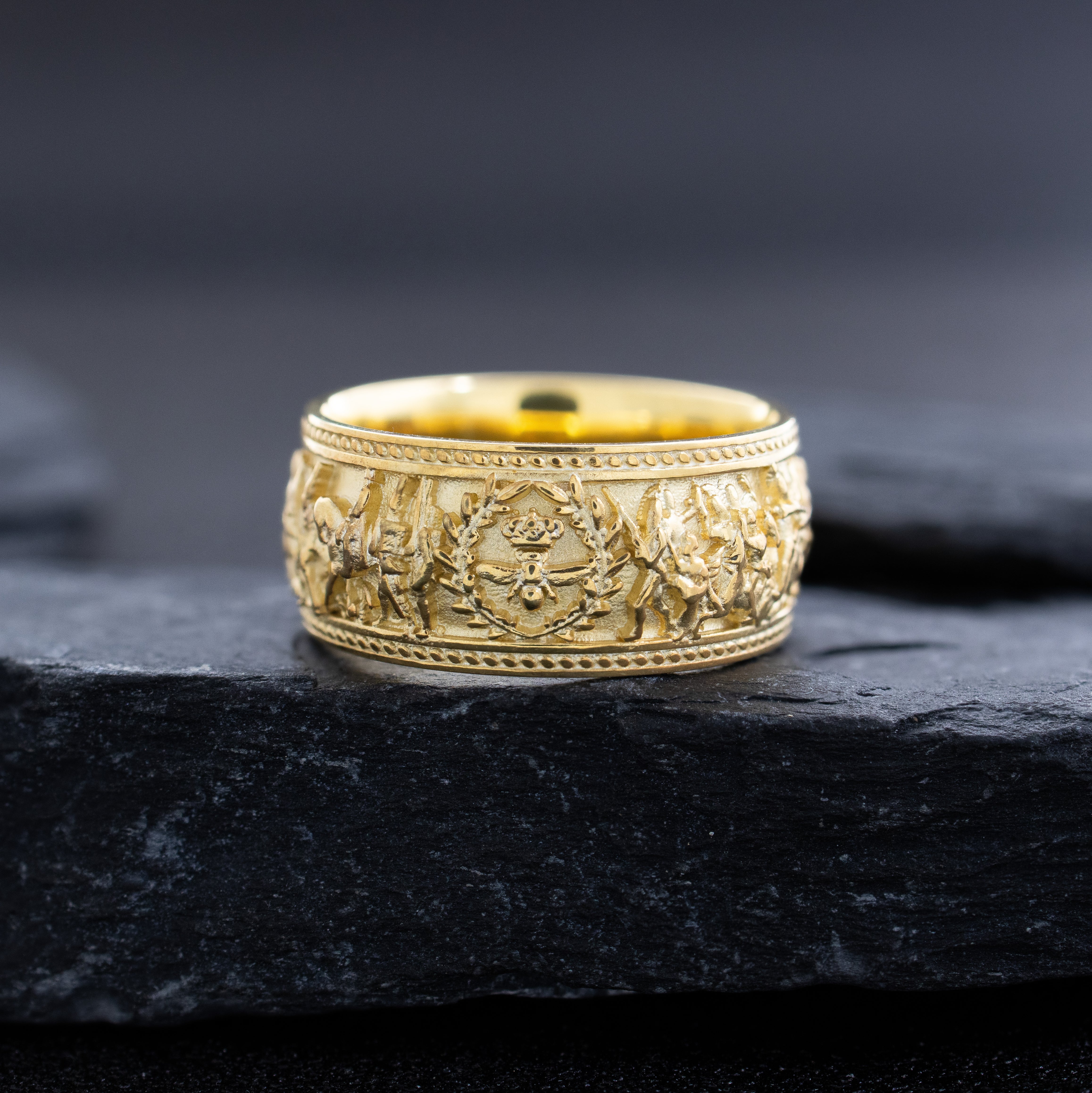 10mm Dome Shaped, 14k and 18k Solid Yellow Gold Ring with Napoleonic Battle Scene