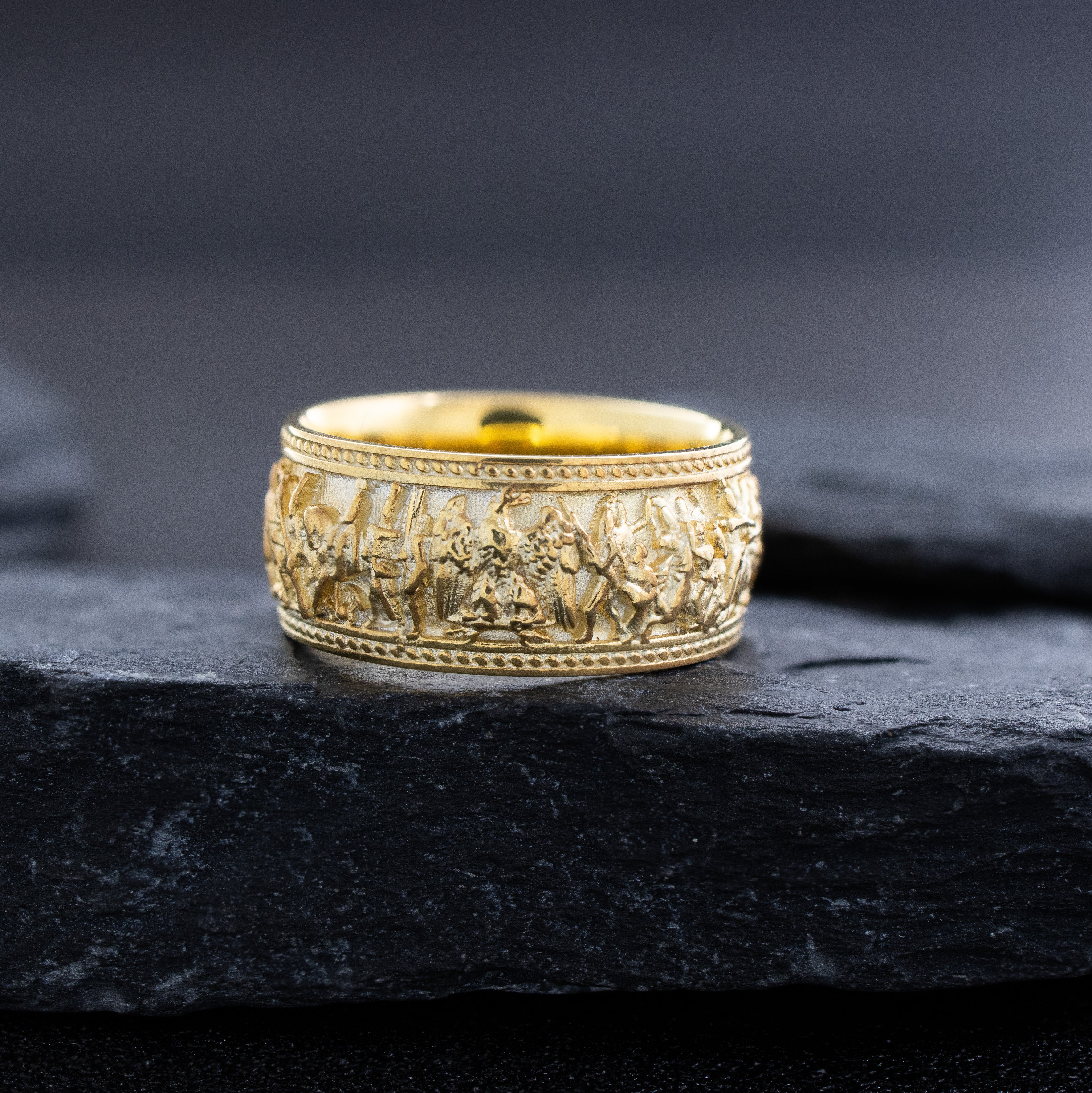 10mm Dome Shaped, 14k and 18k Solid Yellow Gold Ring with Napoleonic Battle Scene
