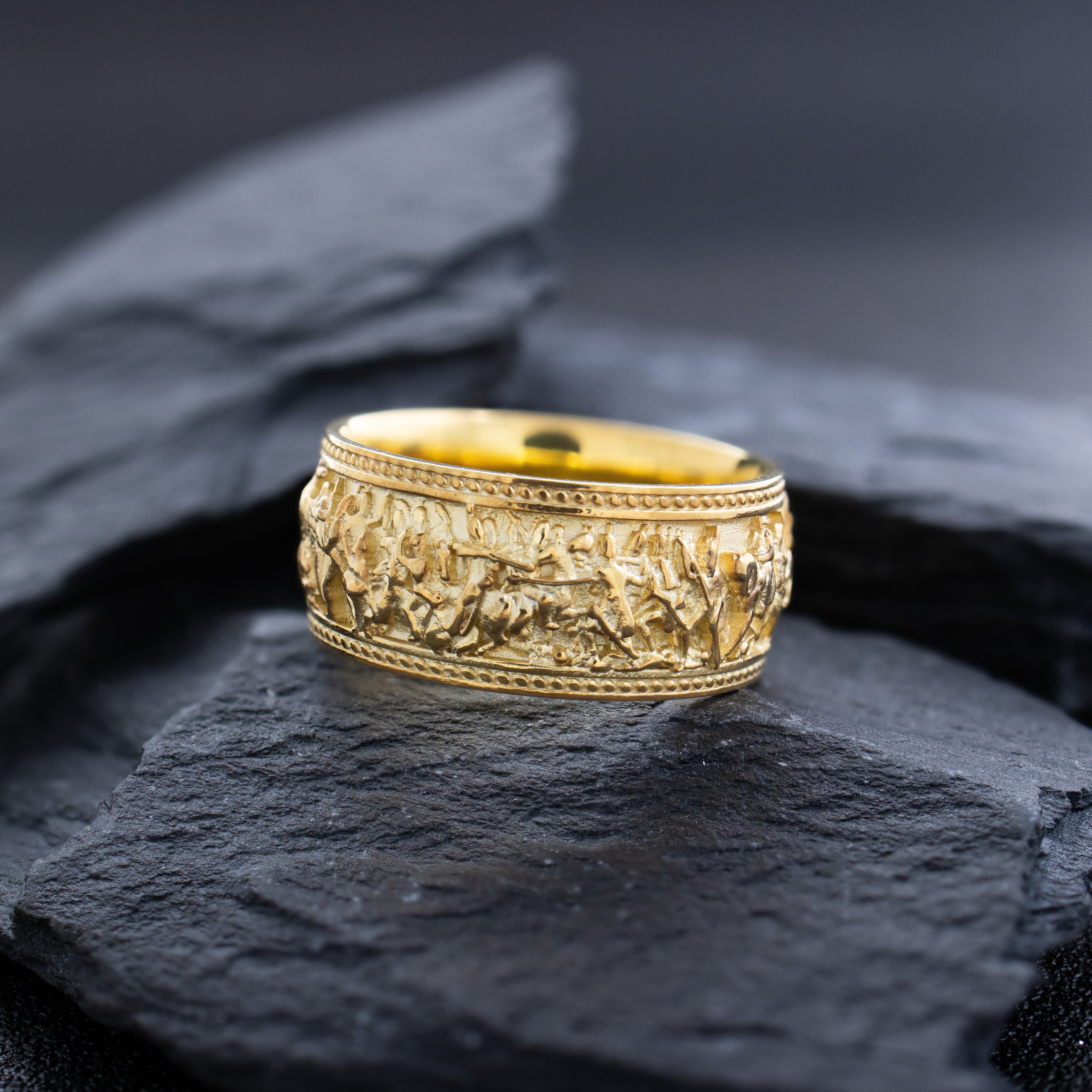 10mm Dome Shaped, 14k and 18k Solid Yellow Gold Ring with Napoleonic Battle Scene