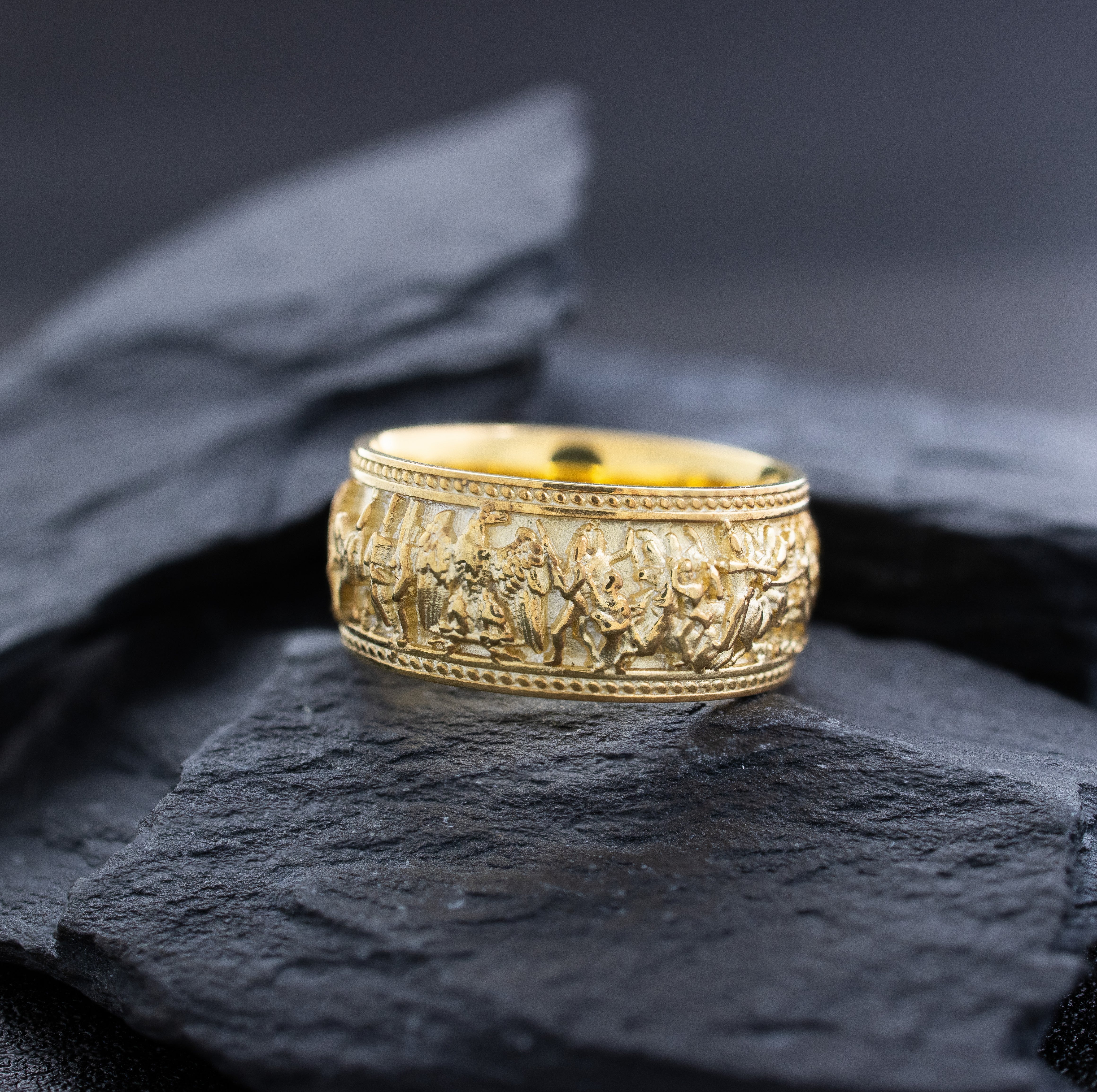 10mm Dome Shaped, 14k and 18k Solid Yellow Gold Ring with Napoleonic Battle Scene