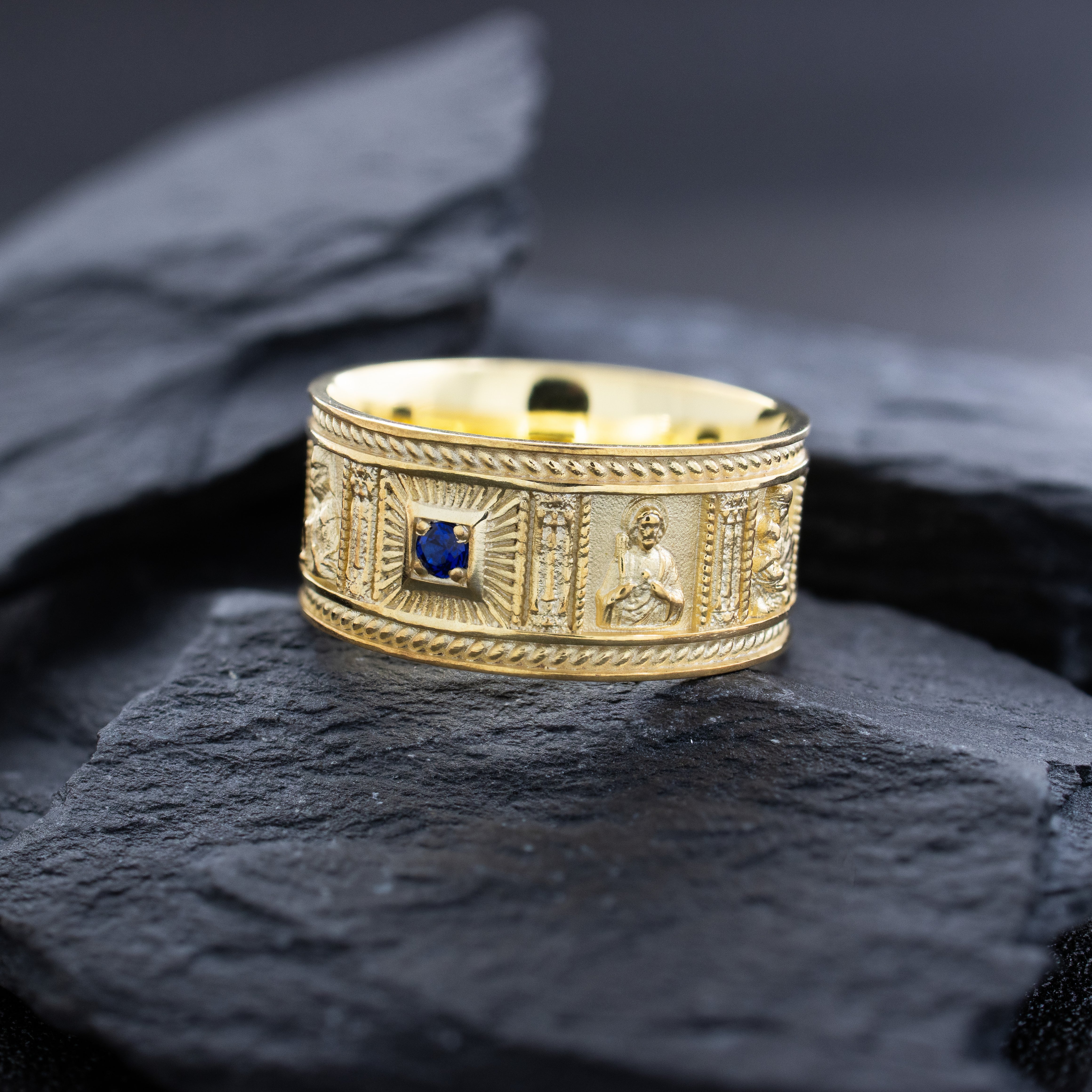 10mm Solid 14k or 18k Yellow Gold Ring with Christian Saints and Gemstone