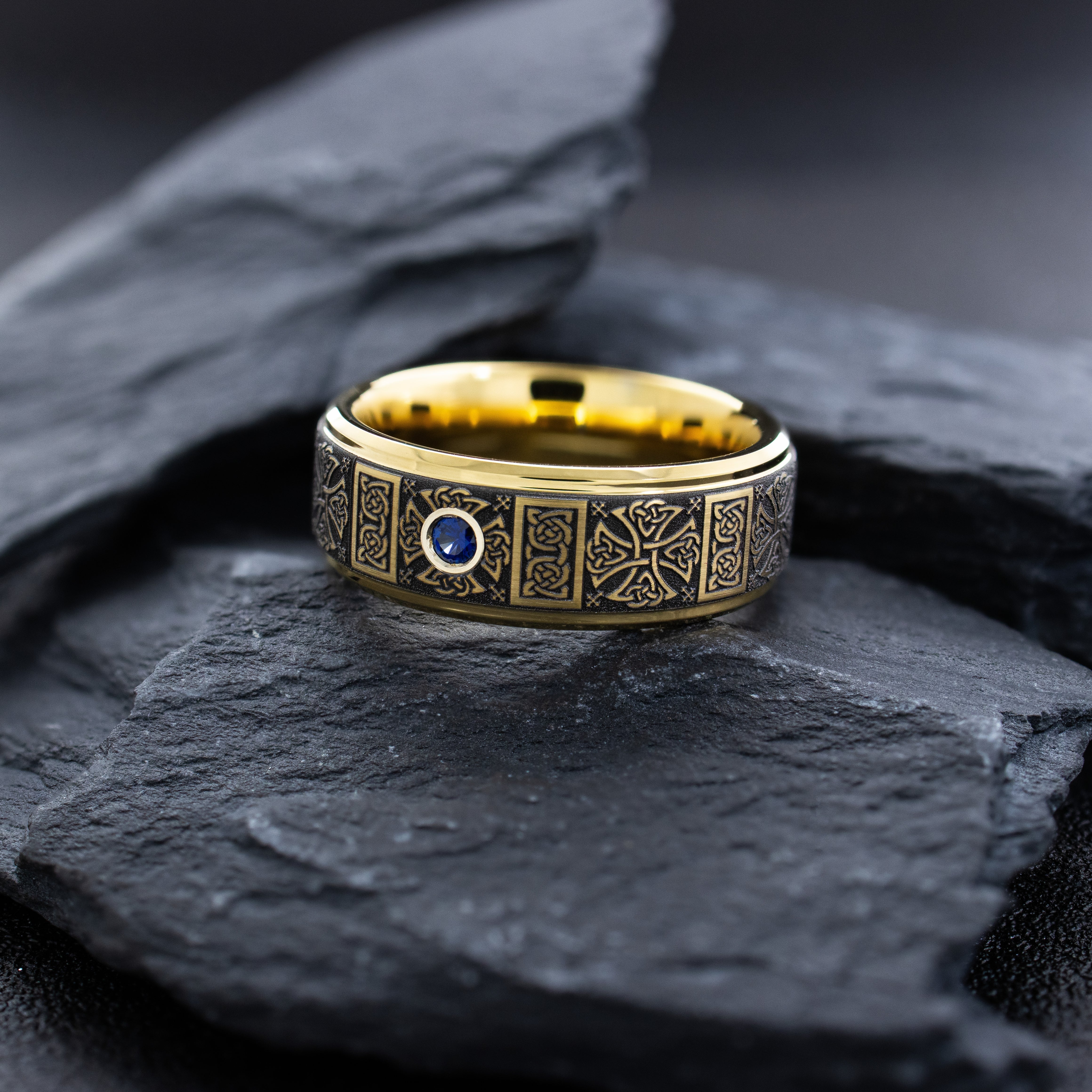 8mm Yellow Gold Plated Deep Engraved Celtic Pattern Tungsten Carbide Ring with Gemstone