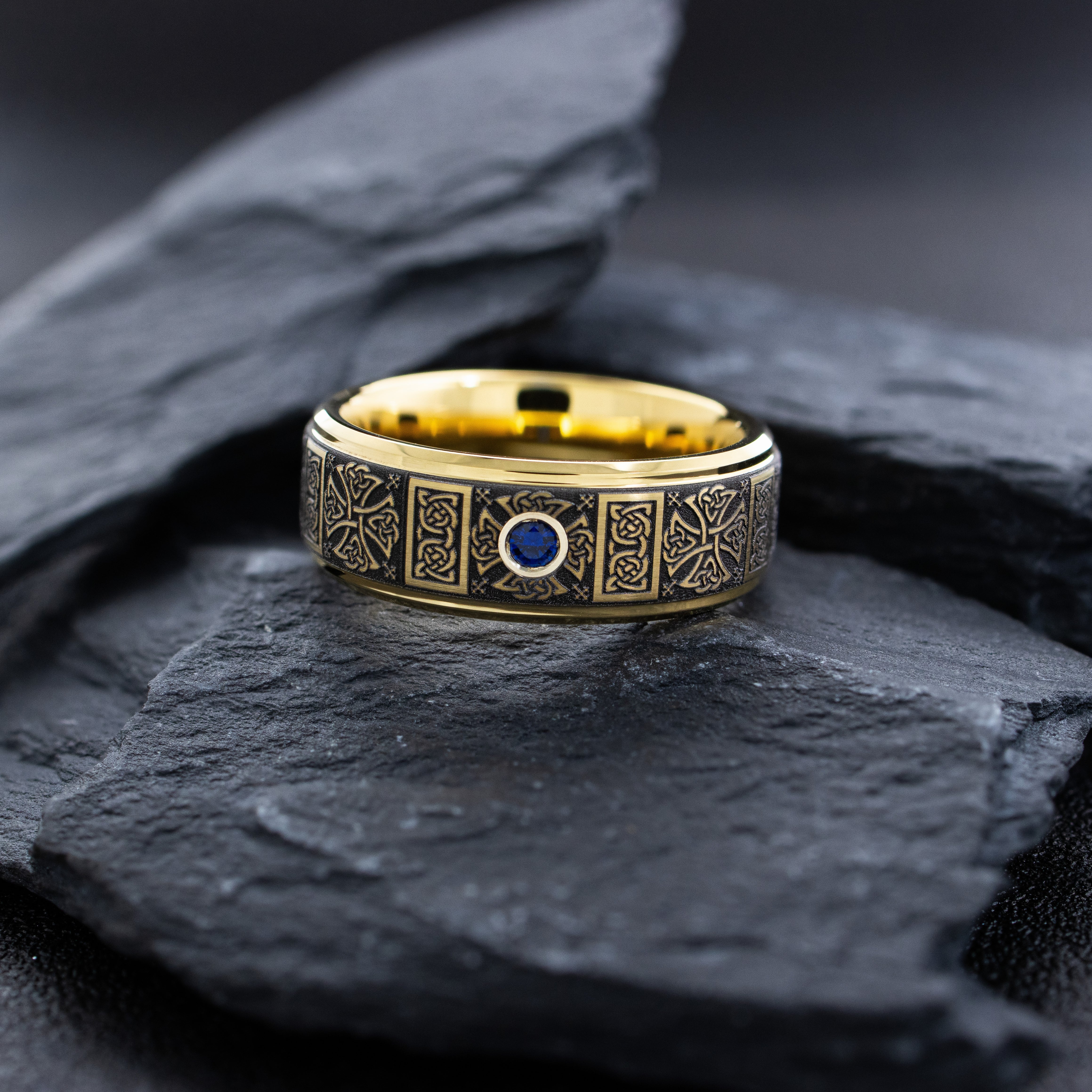 8mm Yellow Gold Plated Deep Engraved Celtic Pattern Tungsten Carbide Ring with Gemstone