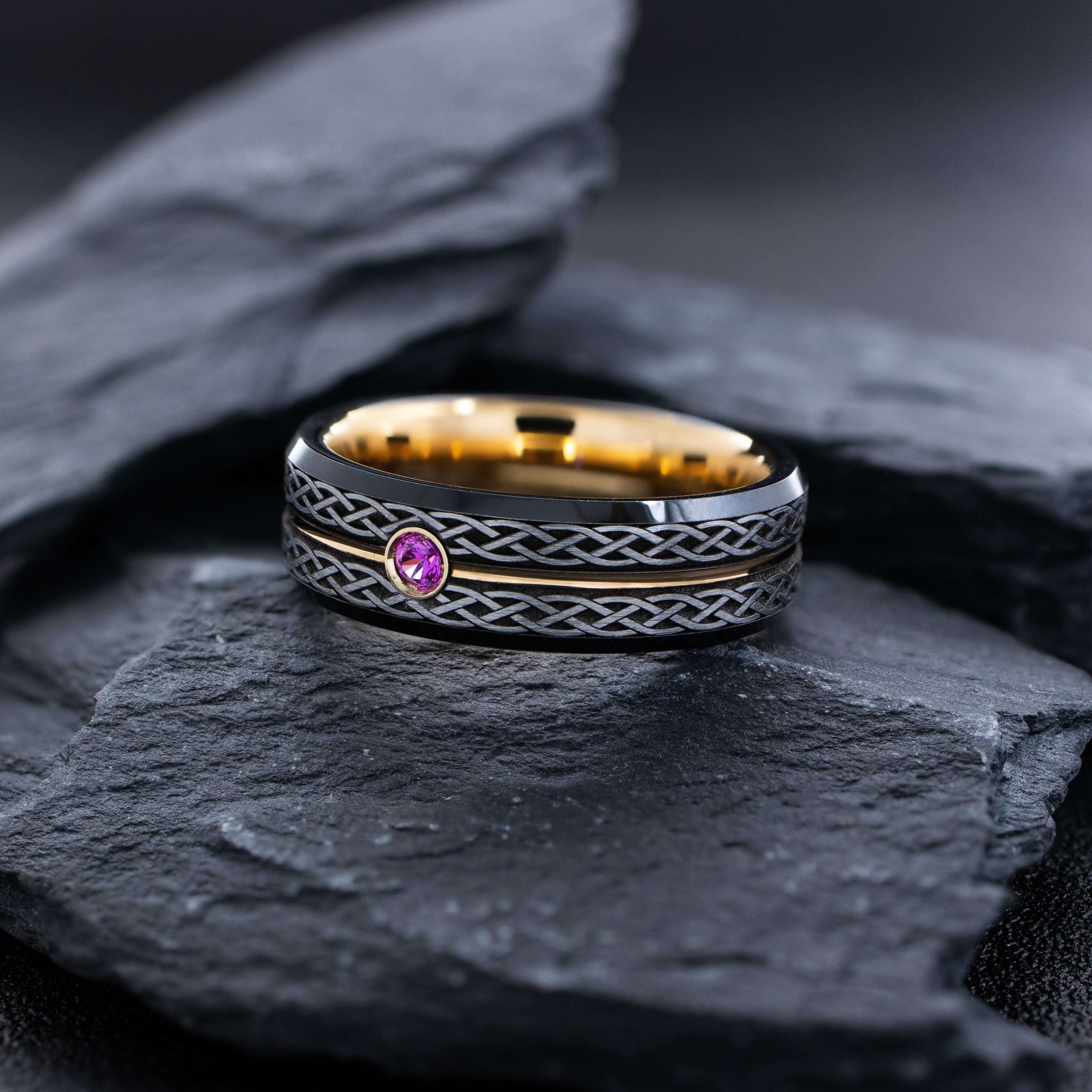 7mm Black Tungsten Carbide Ring with Rose Gold Plating, Celtic Knot Engraving & Gemstone