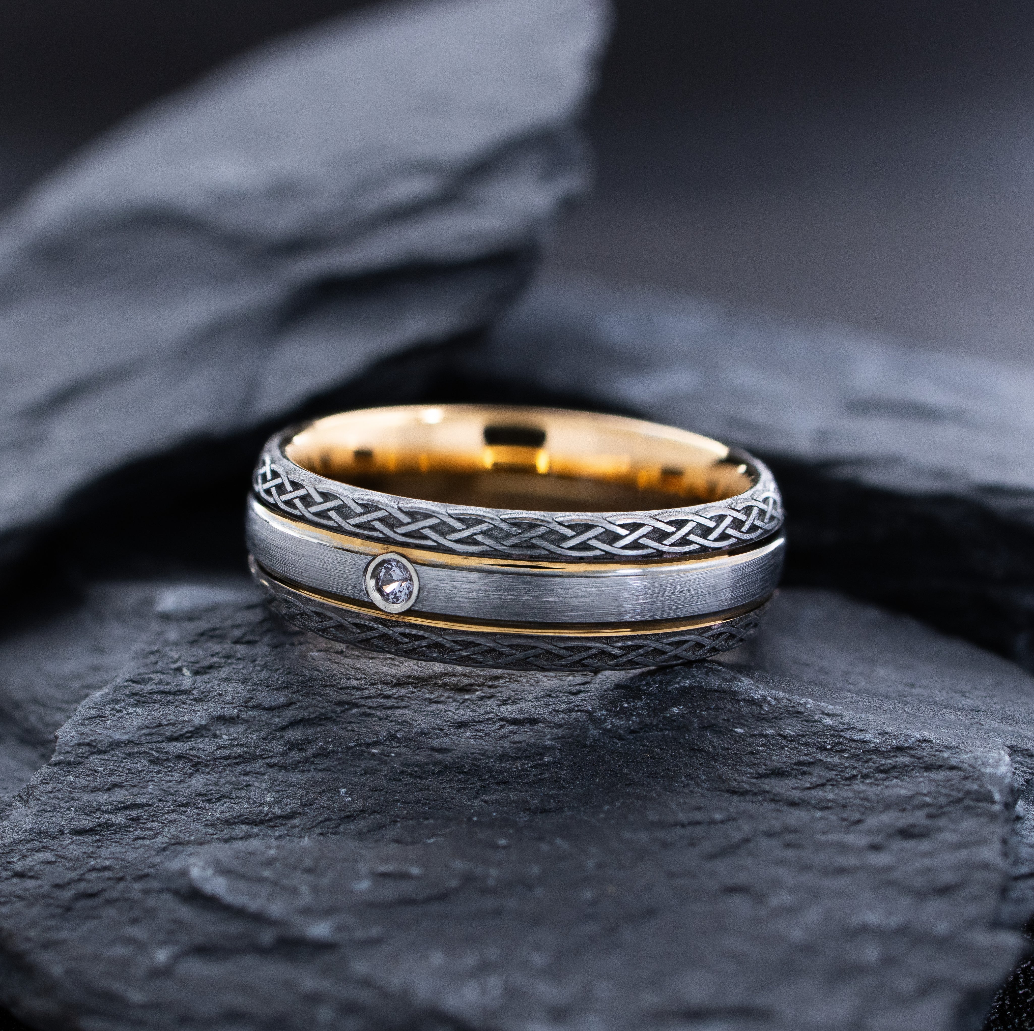 7mm Tungsten Carbide Ring with Rose Gold Plating, Celtic Knot Engravings and Gemstone