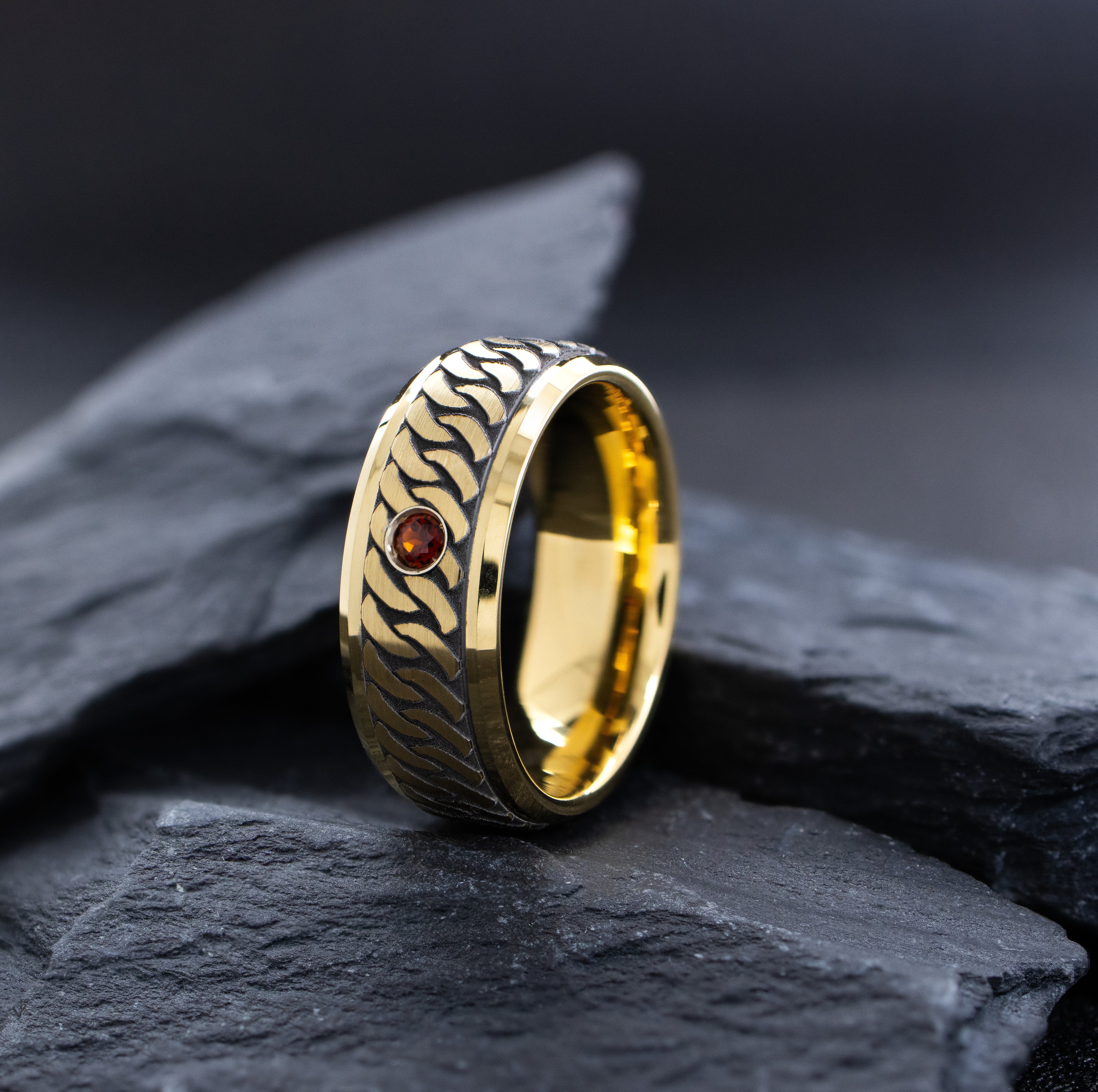 8mm Gold Tungsten Carbide Ring with Deep Braid Engraving & Gemstone