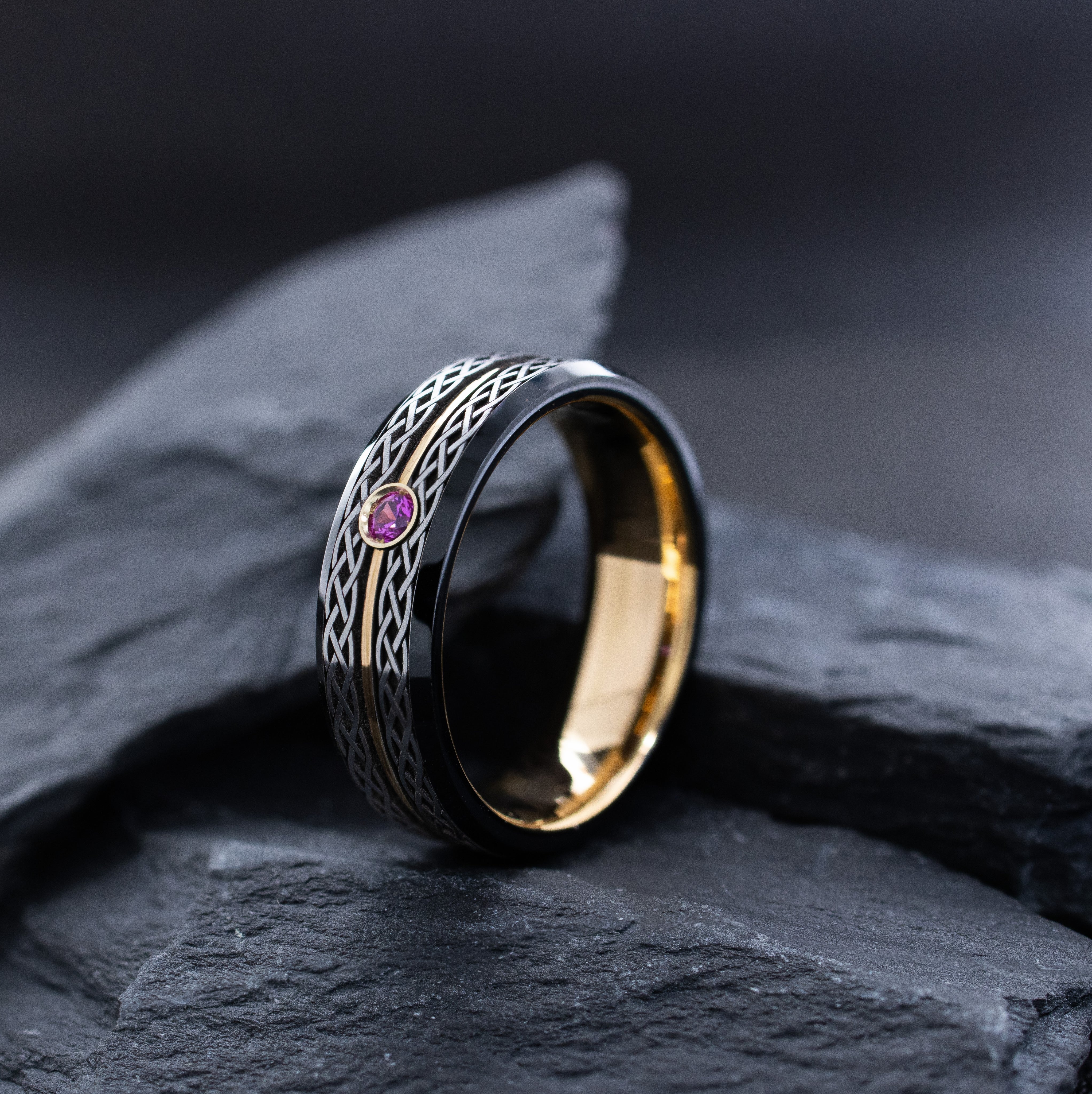 7mm Black Tungsten Carbide Ring with Rose Gold Plating, Celtic Knot Engraving & Gemstone