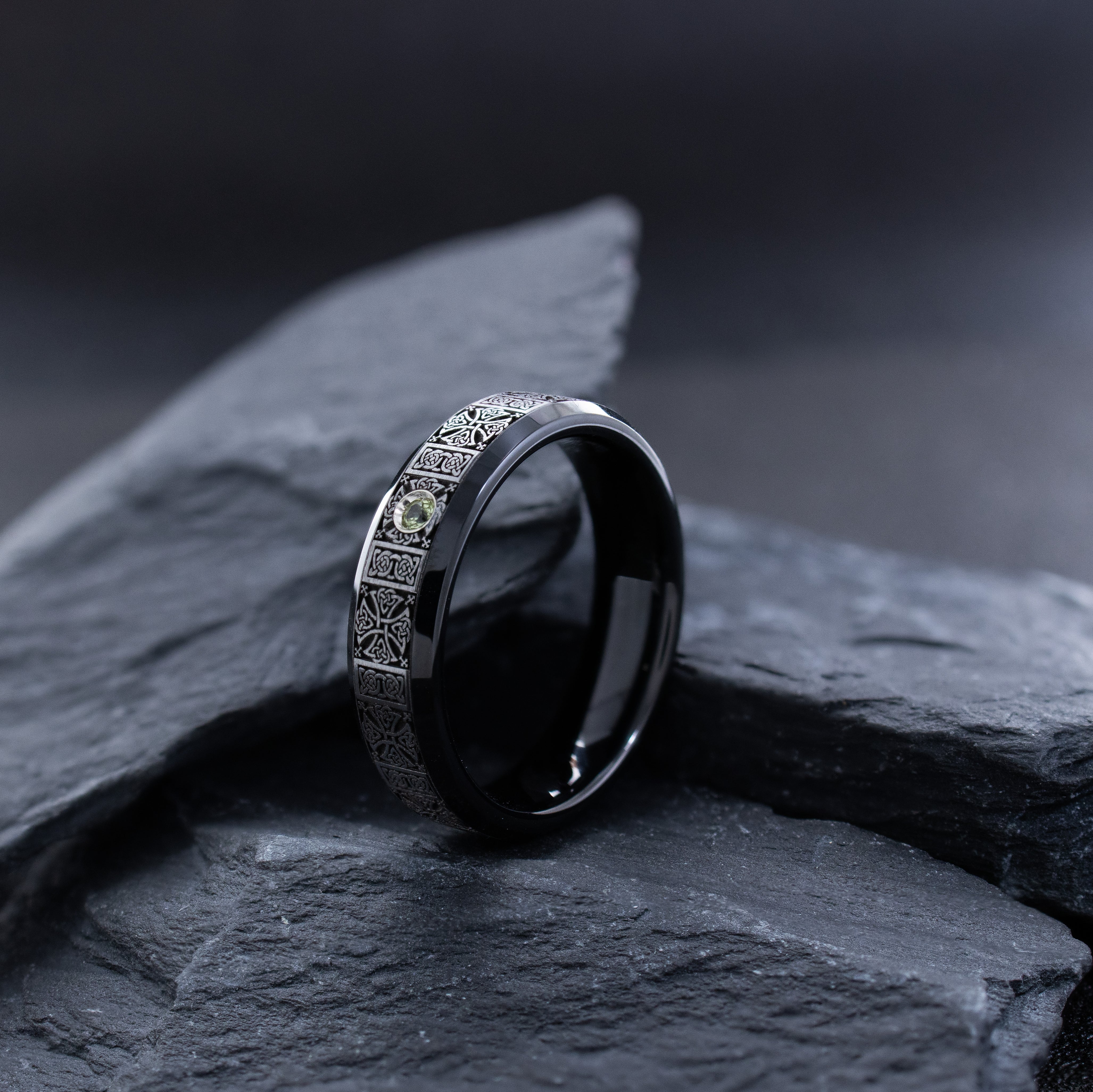 6mm Black Tungsten Carbide Ring with Round Cut Gemstone and Celtic Engravings
