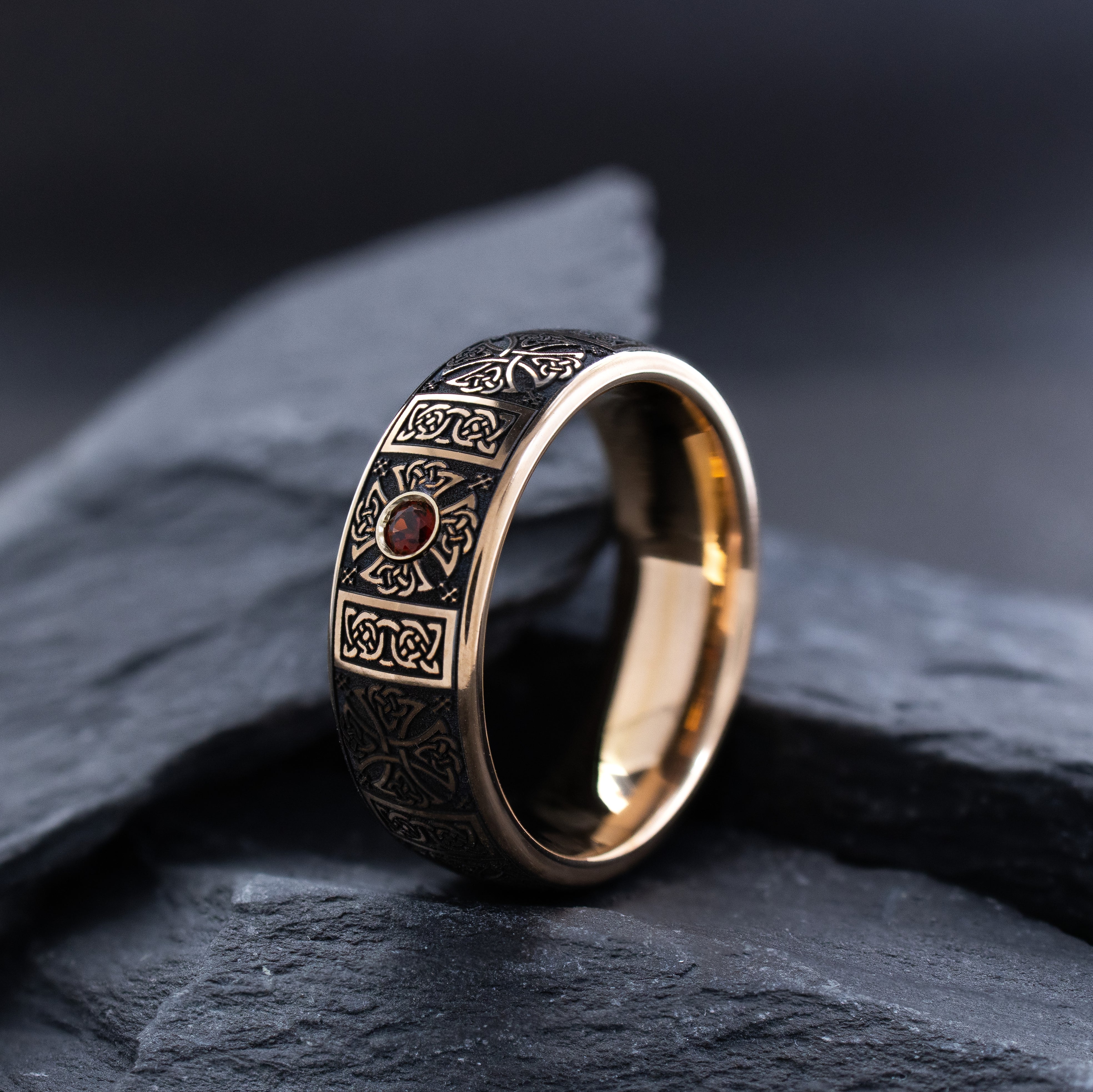 8mm Rose Gold Plated Gemstone Tantalum Ring with Celtic Crosses and Knots