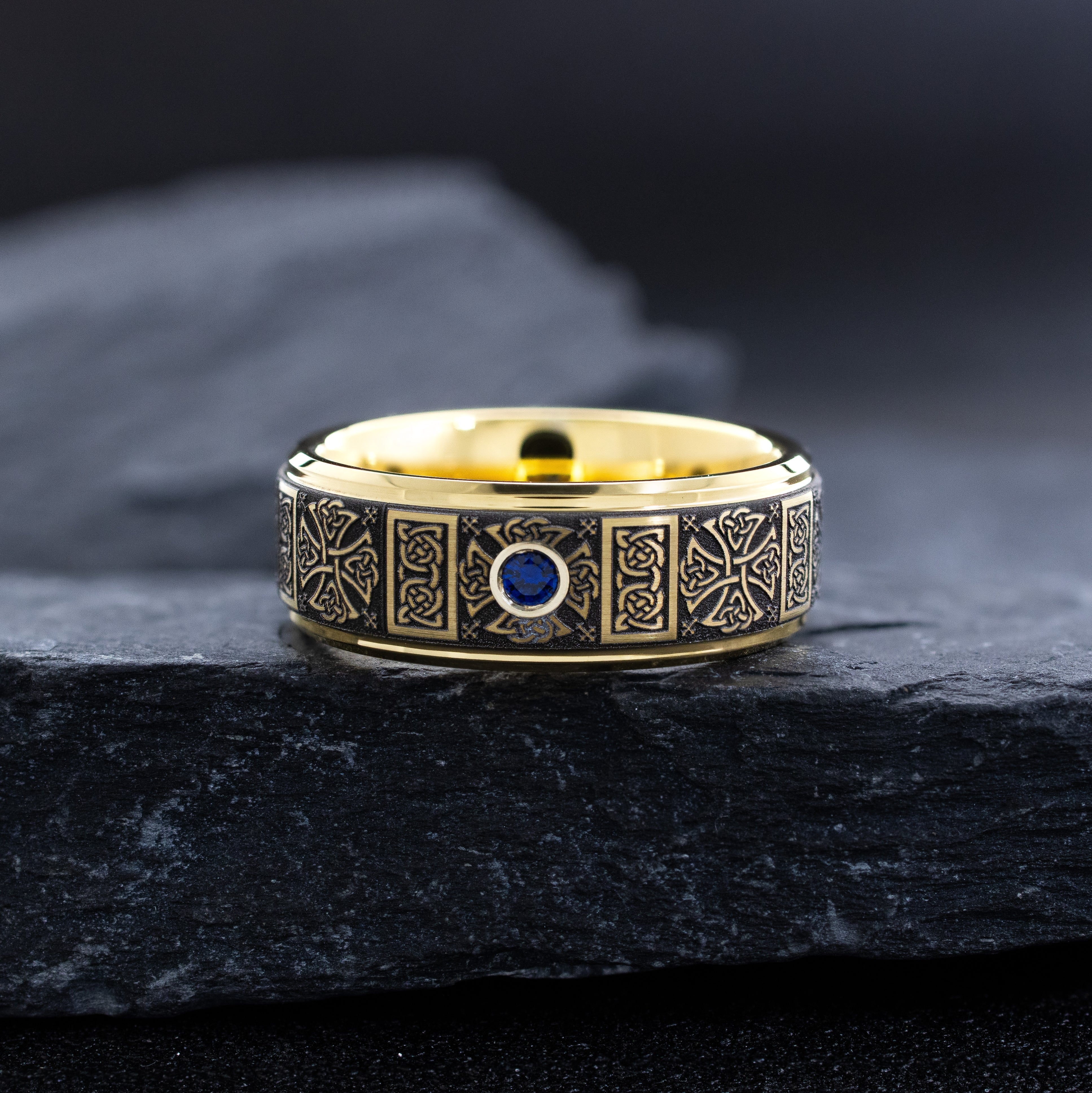 8mm Yellow Gold Plated Deep Engraved Celtic Pattern Tungsten Carbide Ring with Gemstone