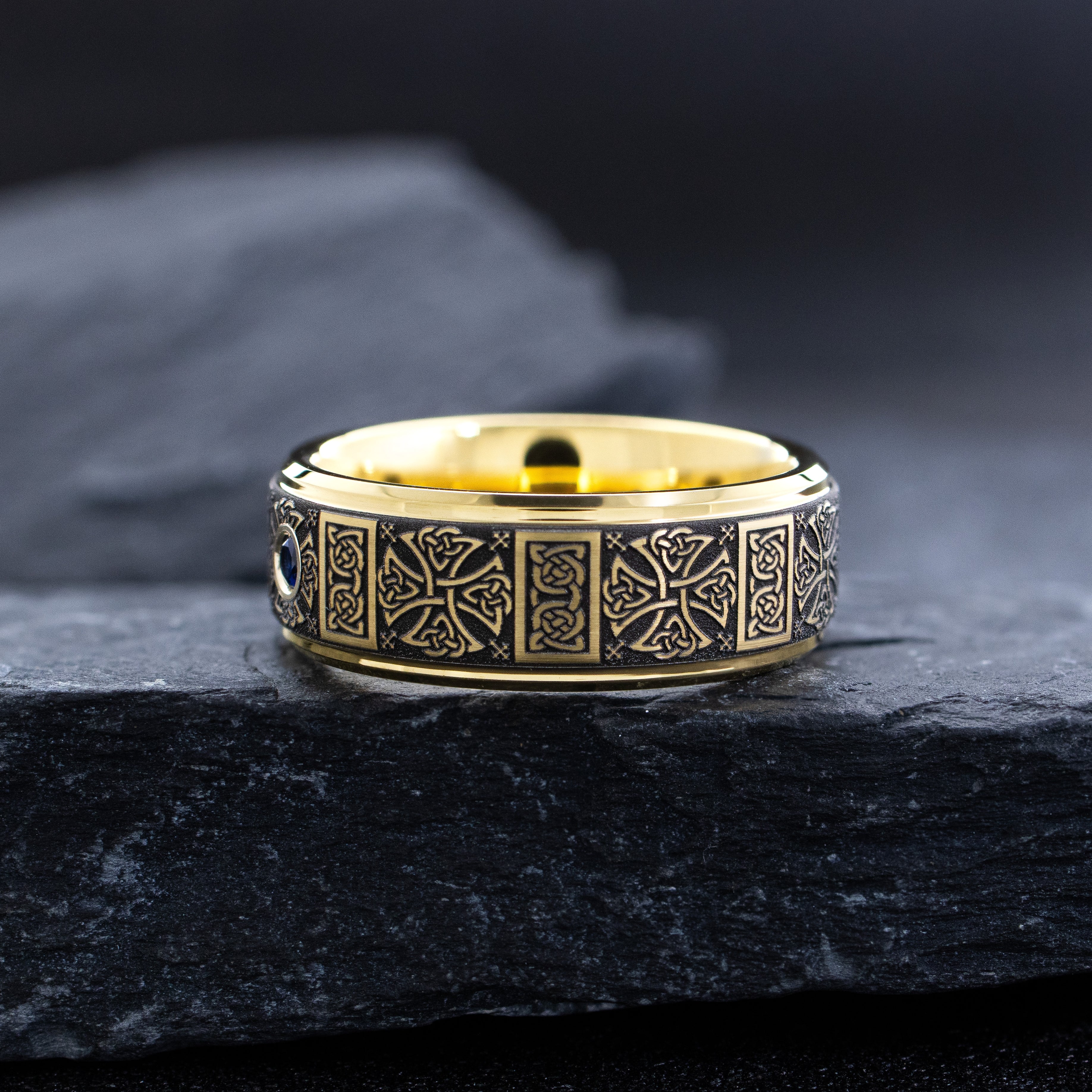 8mm Yellow Gold Plated Deep Engraved Celtic Pattern Tungsten Carbide Ring with Gemstone