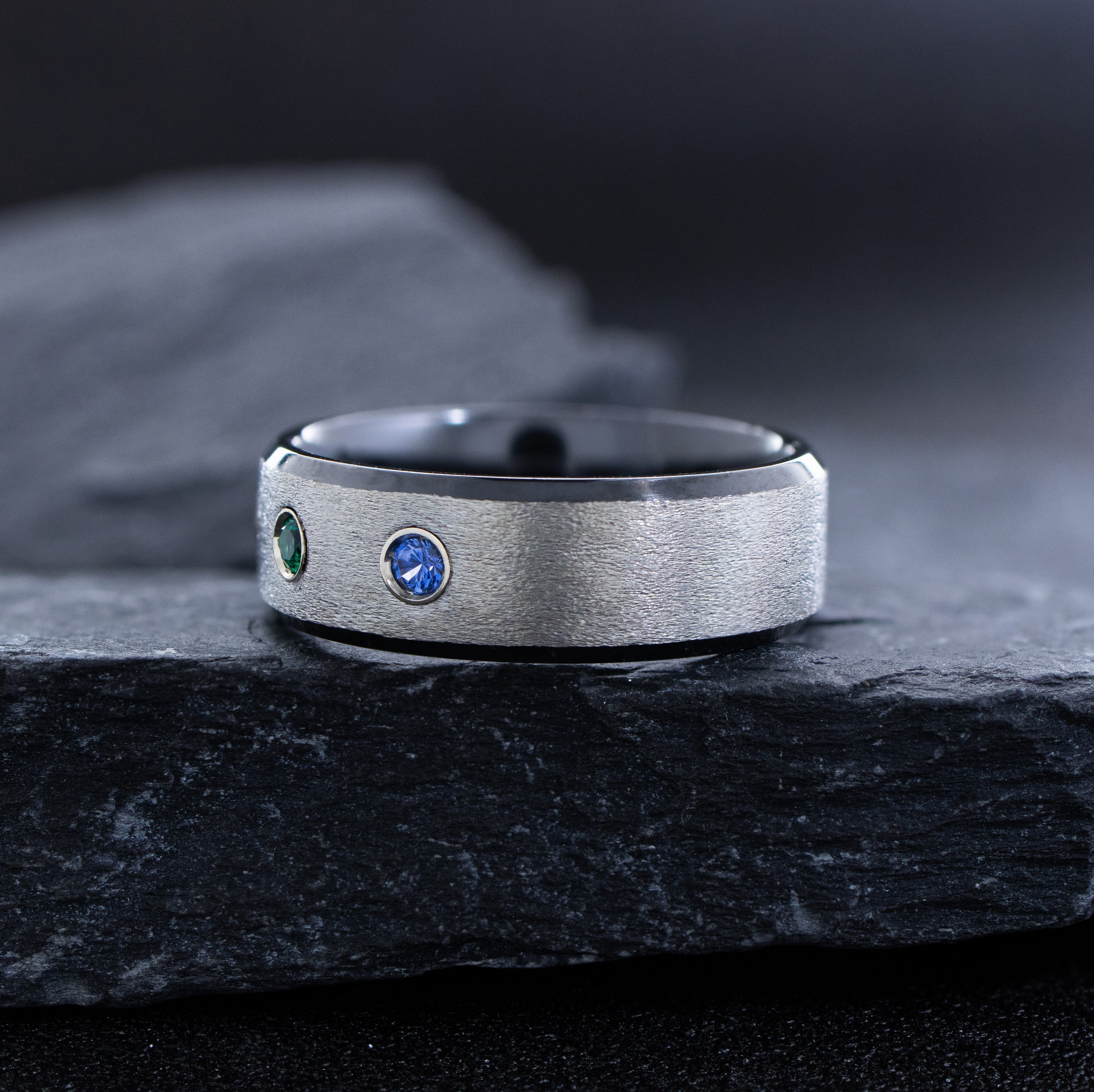 8mm Black Zirconium and Silver Ring with Four Round Cut Gemstones