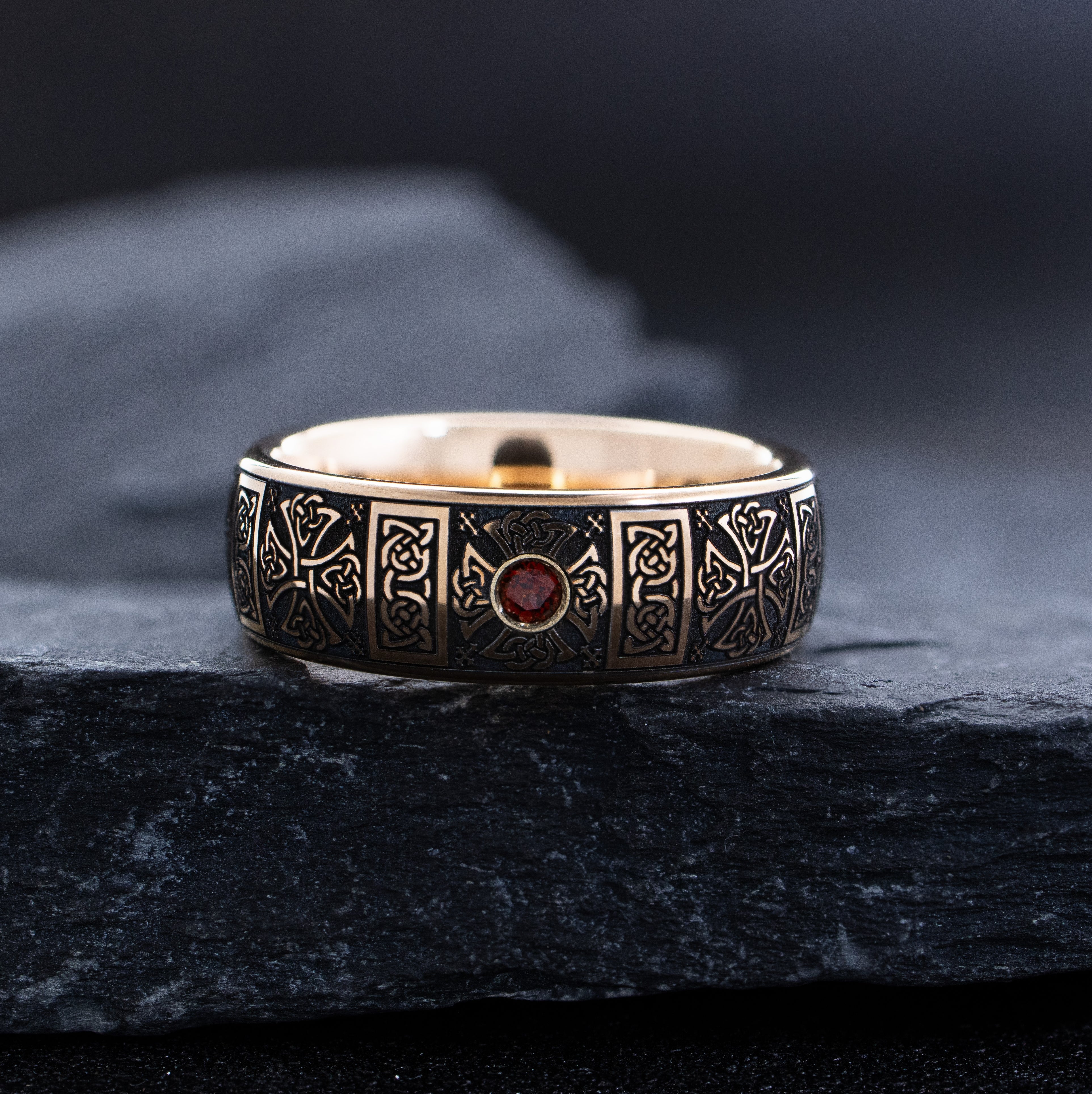 8mm Rose Gold Plated Gemstone Tantalum Ring with Celtic Crosses and Knots