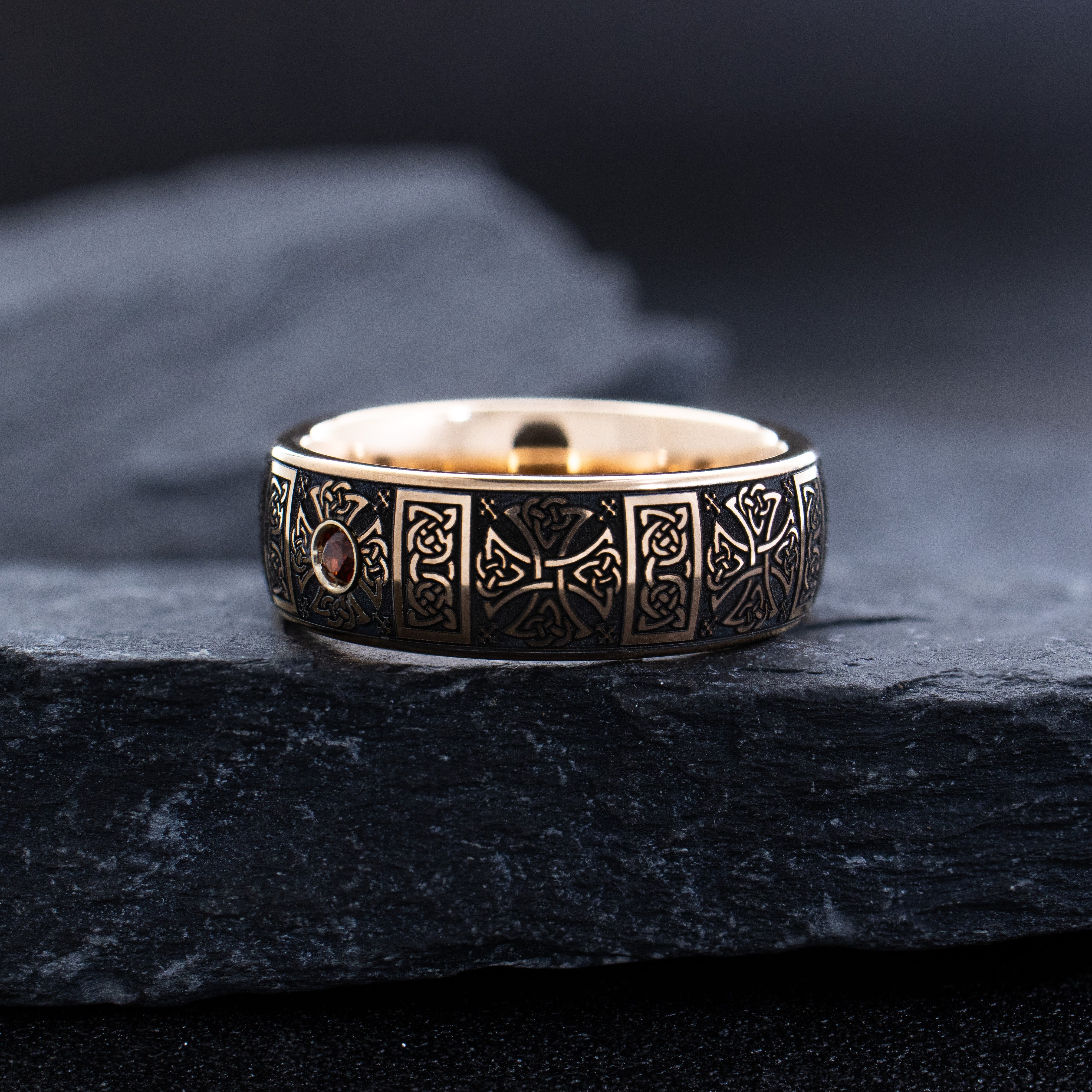 8mm Rose Gold Plated Gemstone Tantalum Ring with Celtic Crosses and Knots