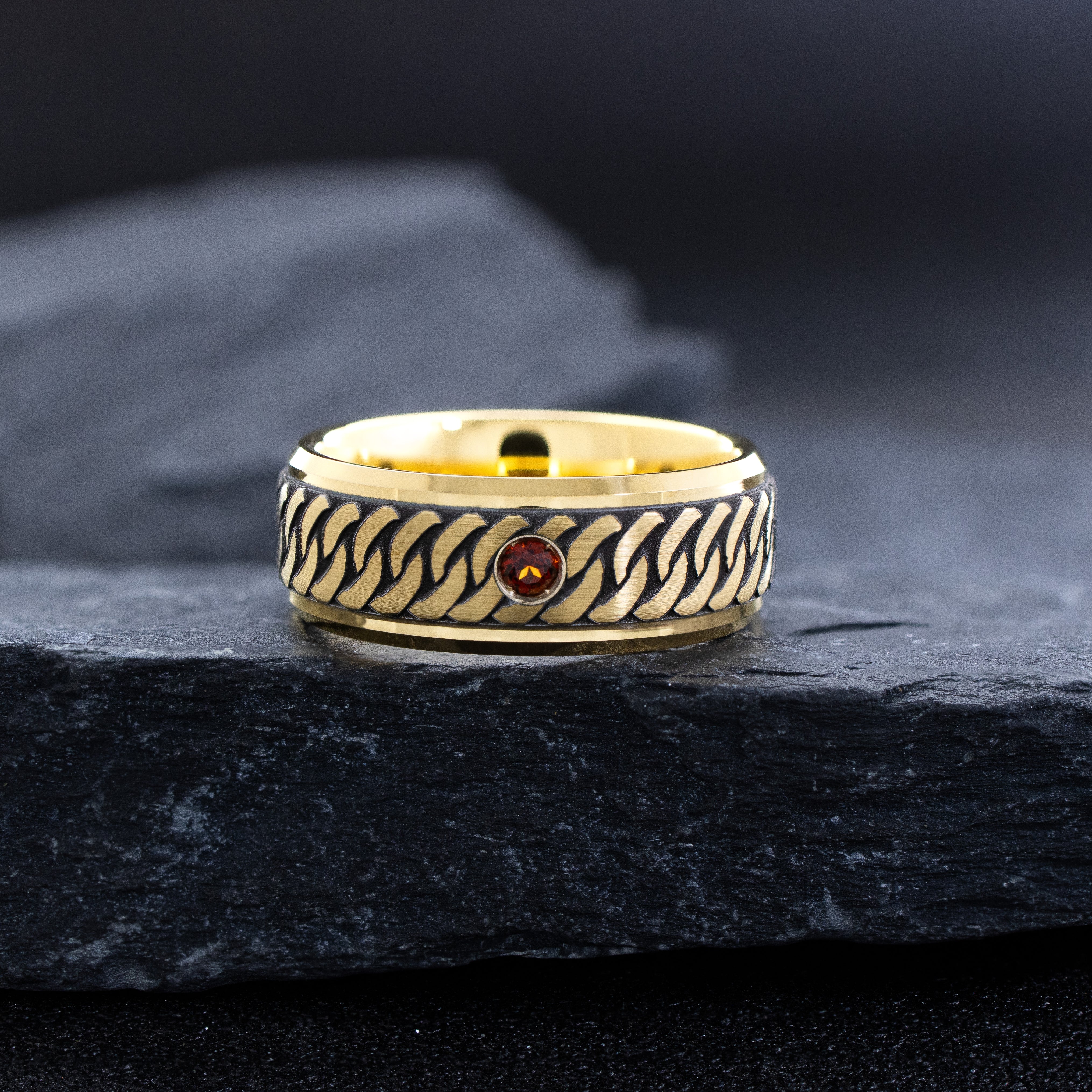 8mm Gold Tungsten Carbide Ring with Deep Braid Engraving & Gemstone