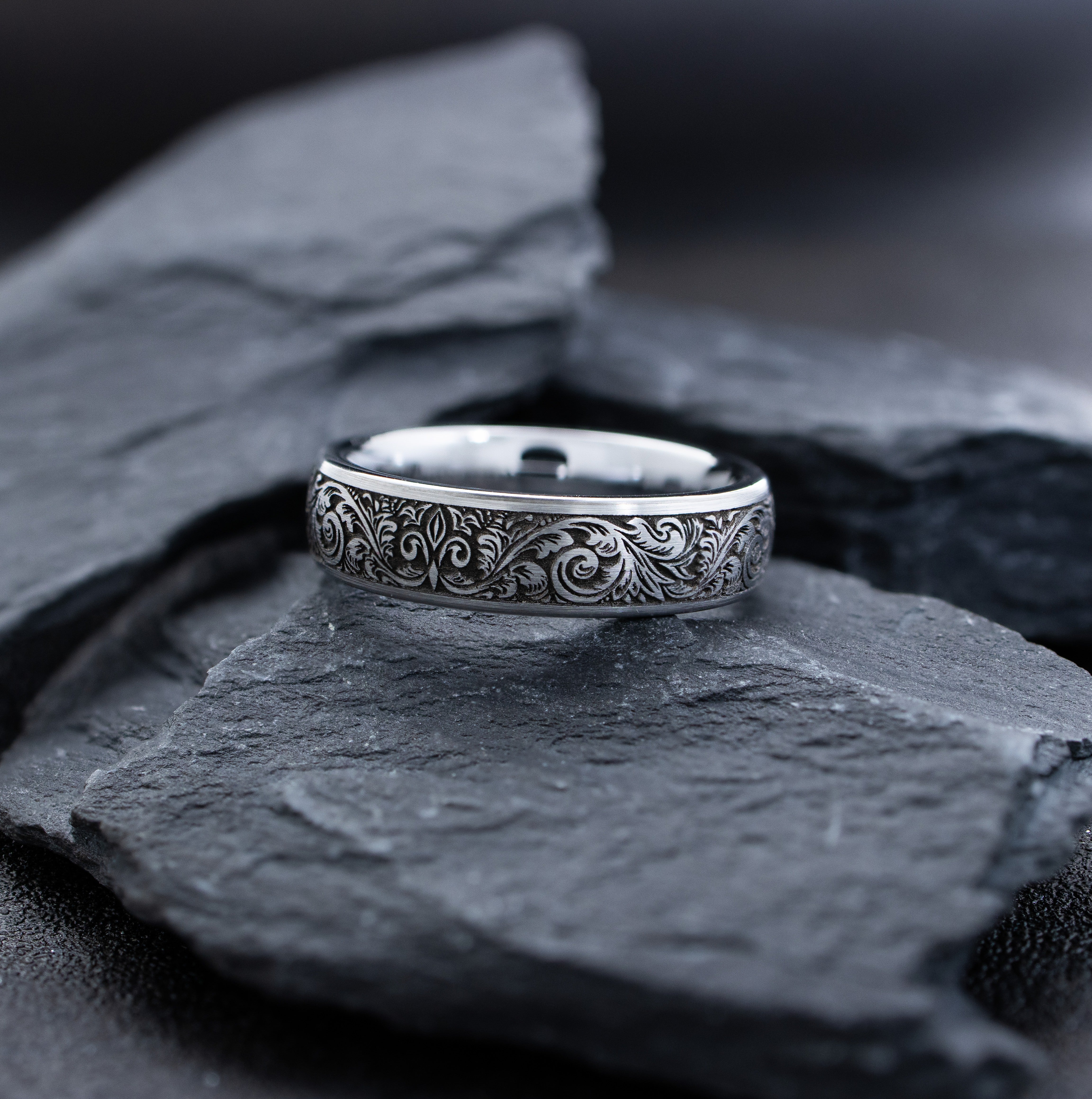 6mm Deep Engraved Tungsten Ring with Victorian Floral Engravings and Fleur de Lis