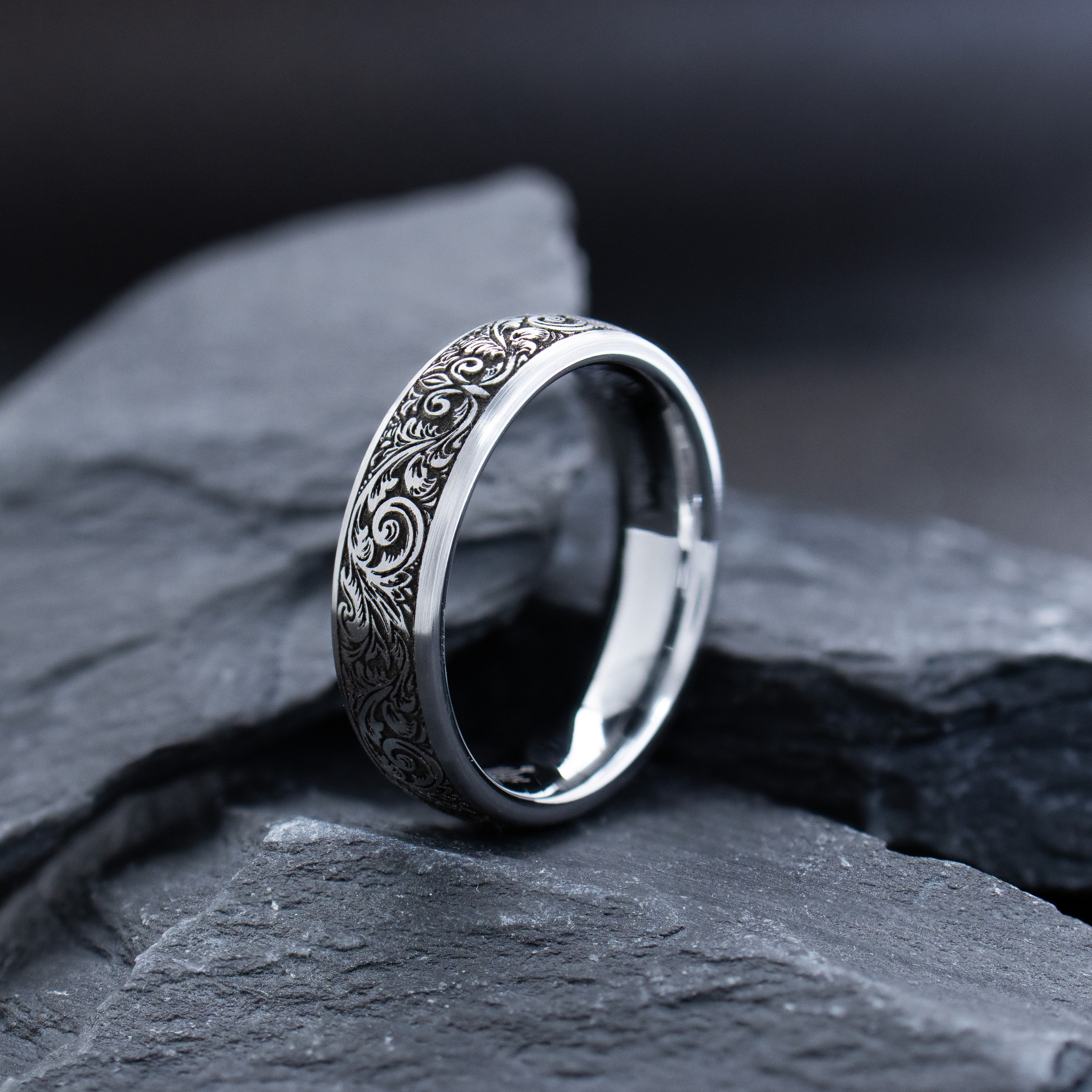 6mm Deep Engraved Tungsten Ring with Victorian Floral Engravings and Fleur de Lis