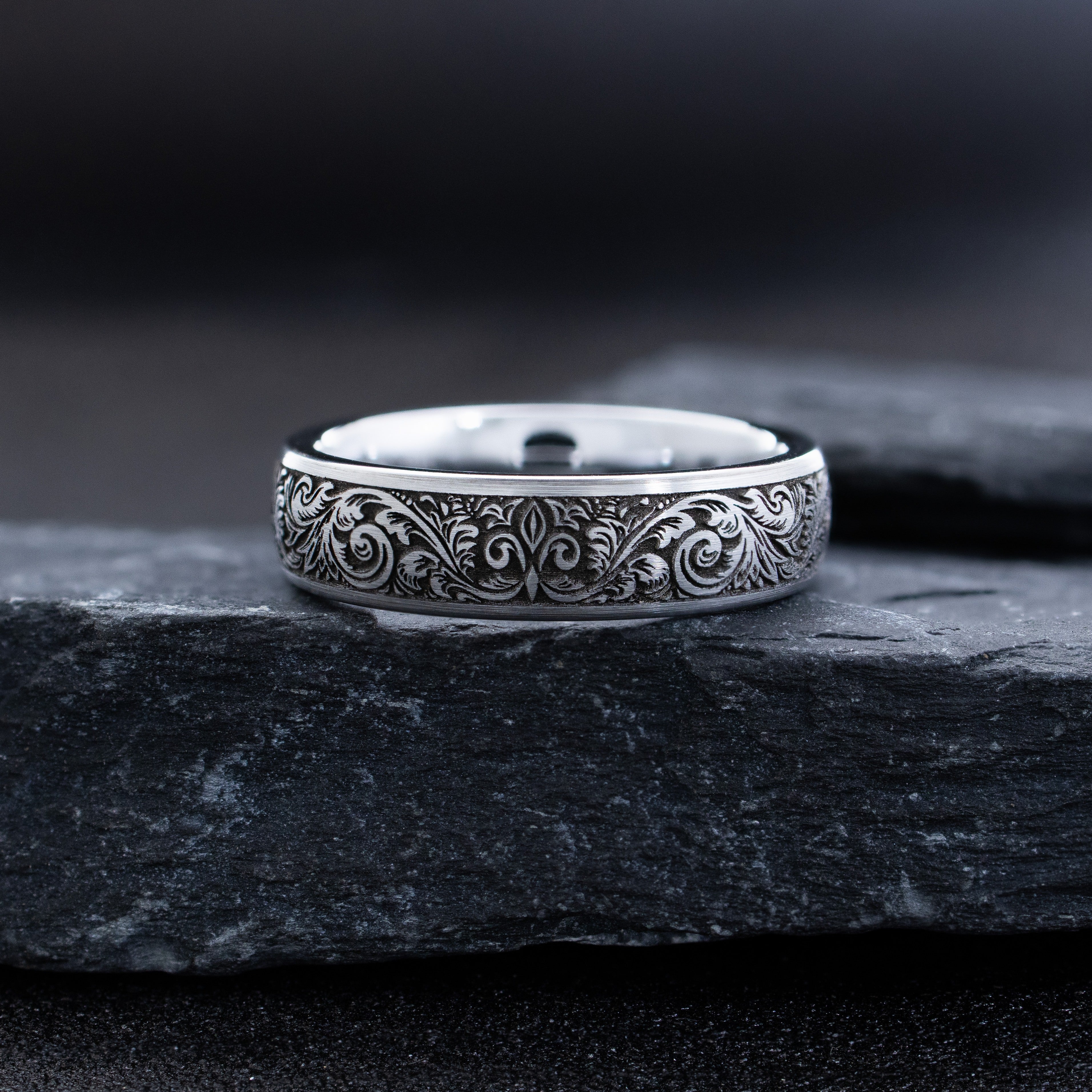 6mm Deep Engraved Tungsten Ring with Victorian Floral Engravings and Fleur de Lis
