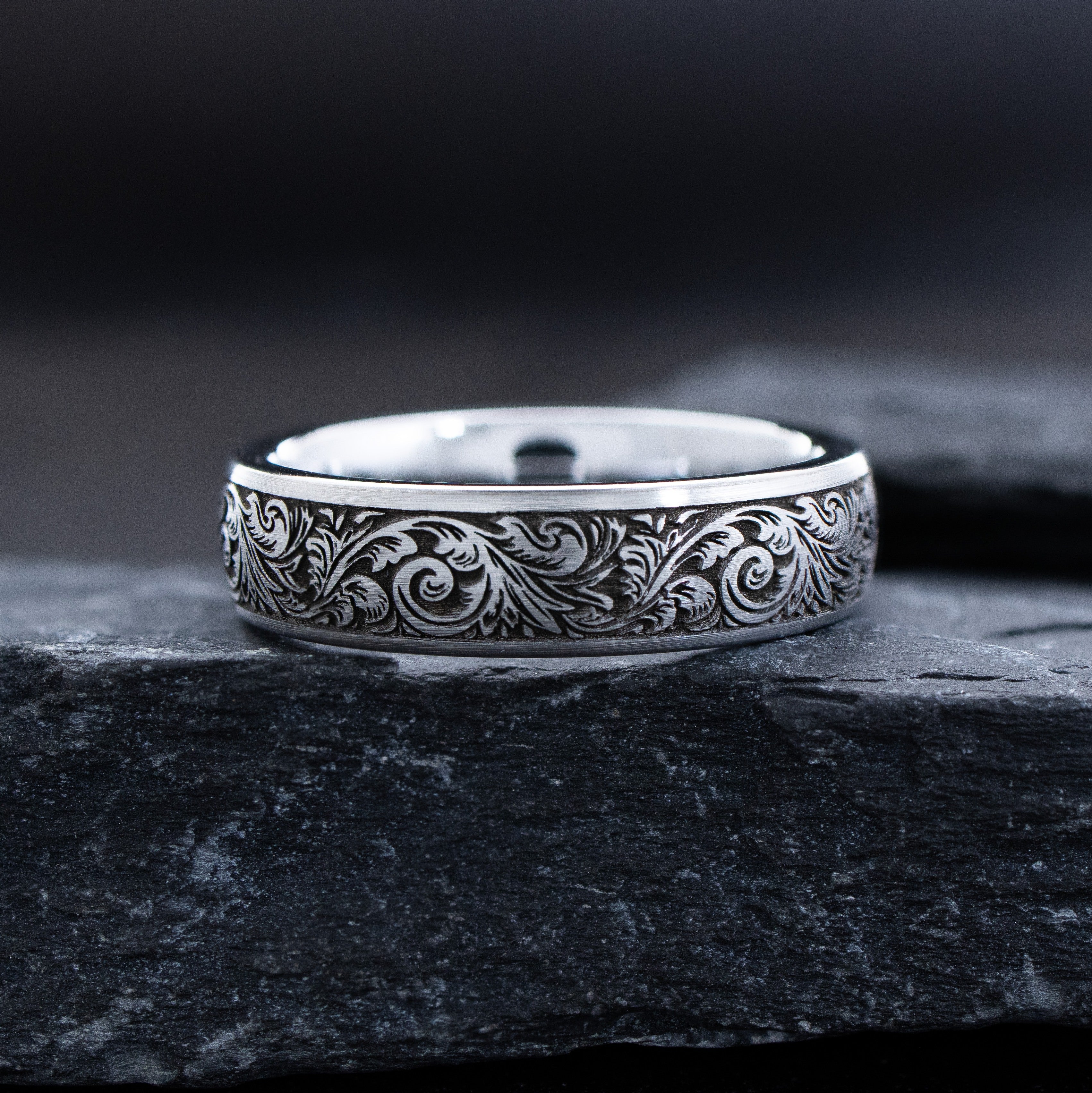 6mm Deep Engraved Tungsten Ring with Victorian Floral Engravings and Fleur de Lis