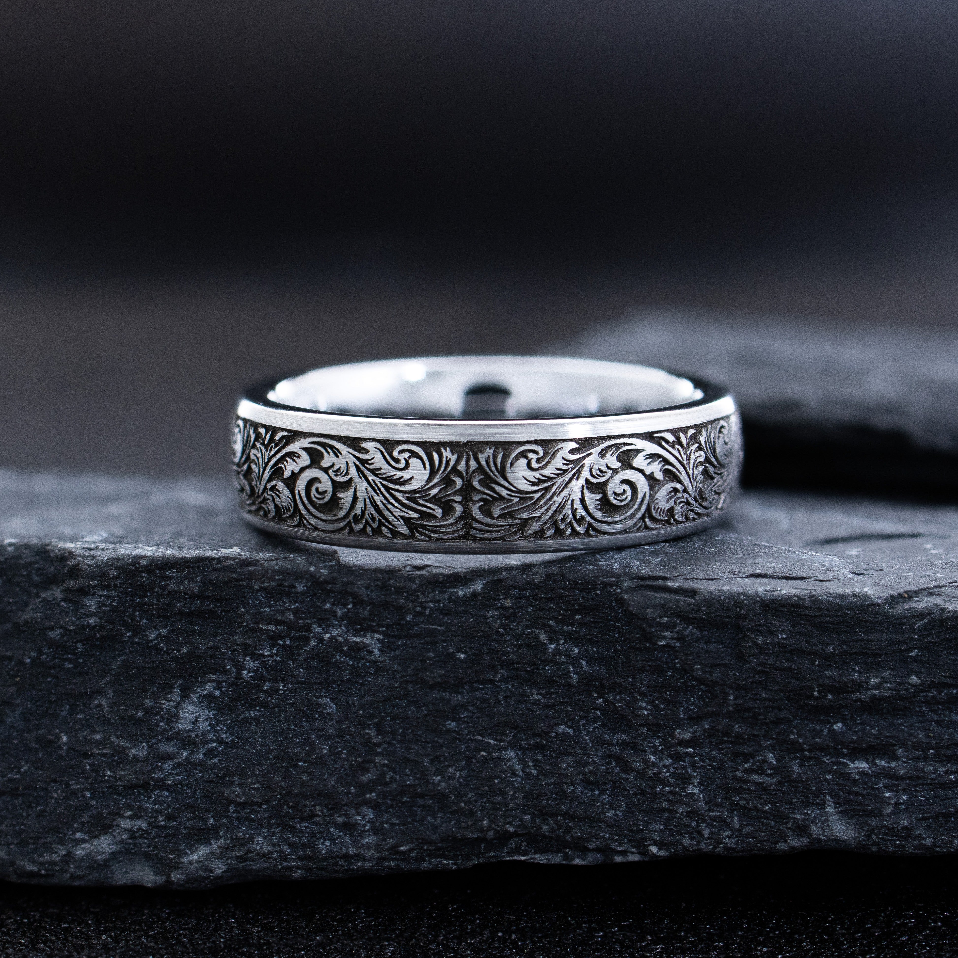 6mm Deep Engraved Tungsten Ring with Victorian Floral Engravings and Fleur de Lis