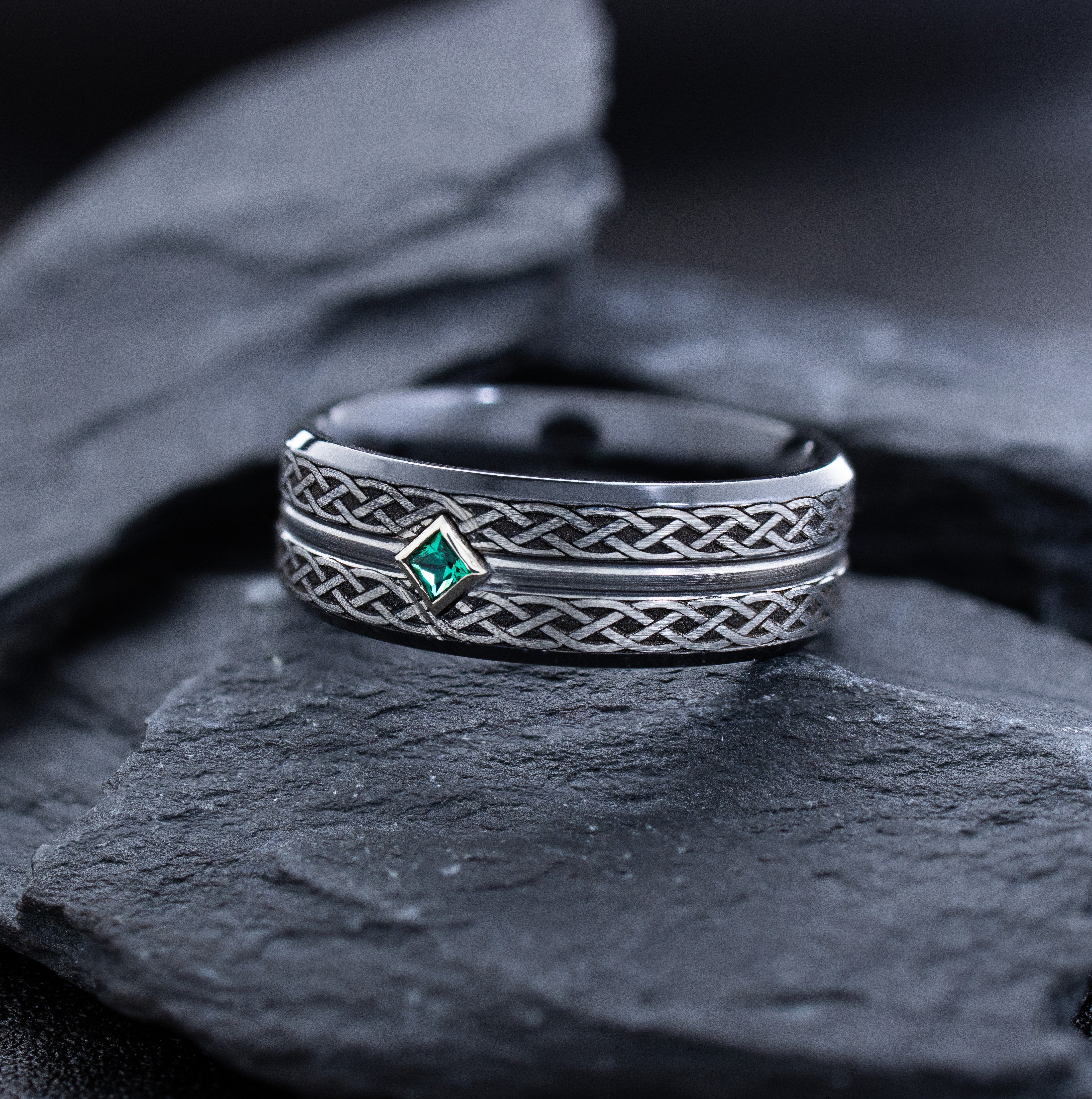 8mm Grooved Black Zirconium Ring with Engraved Braids and Gemstone