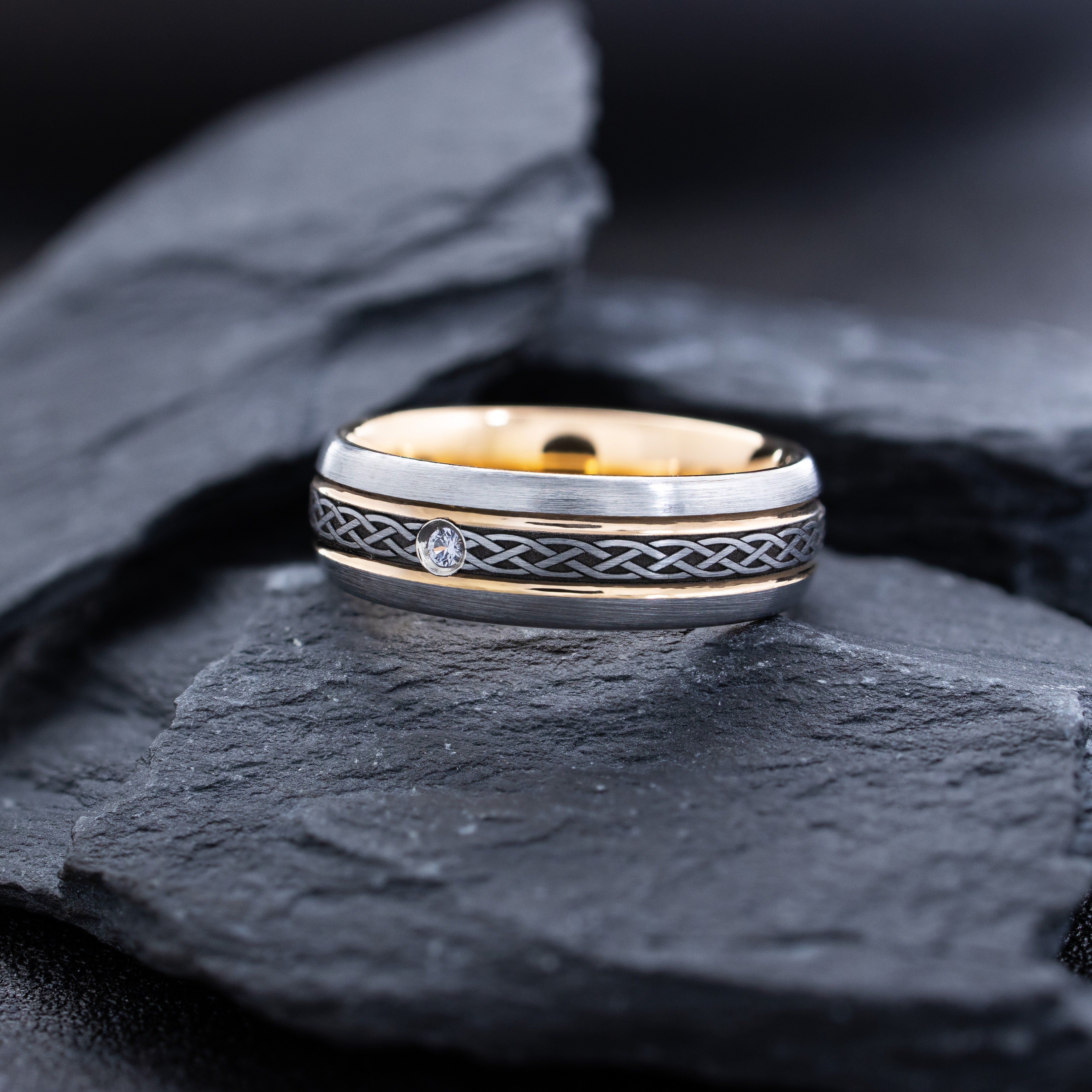 Rose Gold Plated 7mm Tungsten Carbide Ring with Thin Celtic Knot Engravings & Gemstone