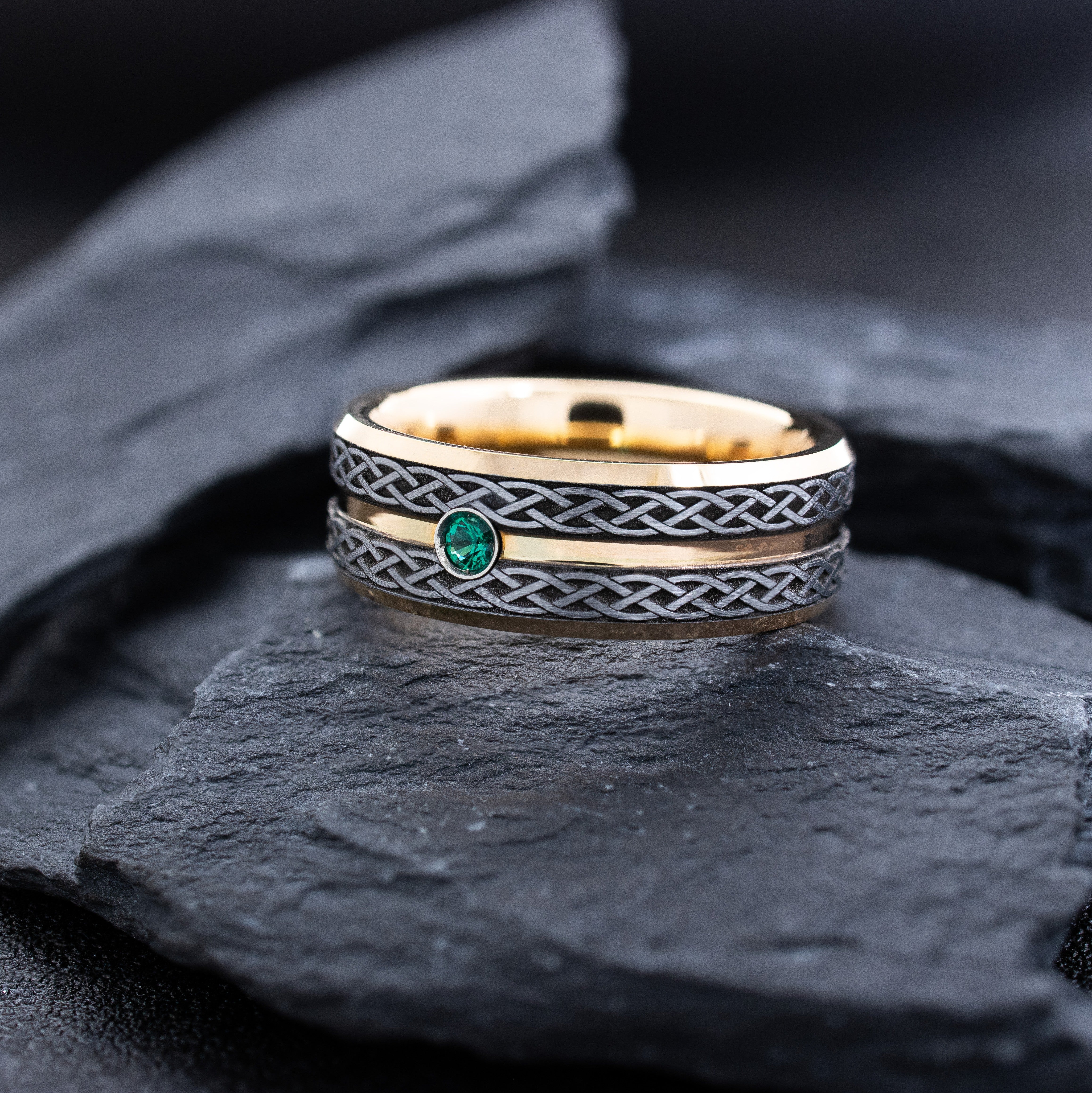 Rose Gold Plated 8mm Tungsten Carbide Ring with Deep Engraved Knots, Groove, and Gemstone