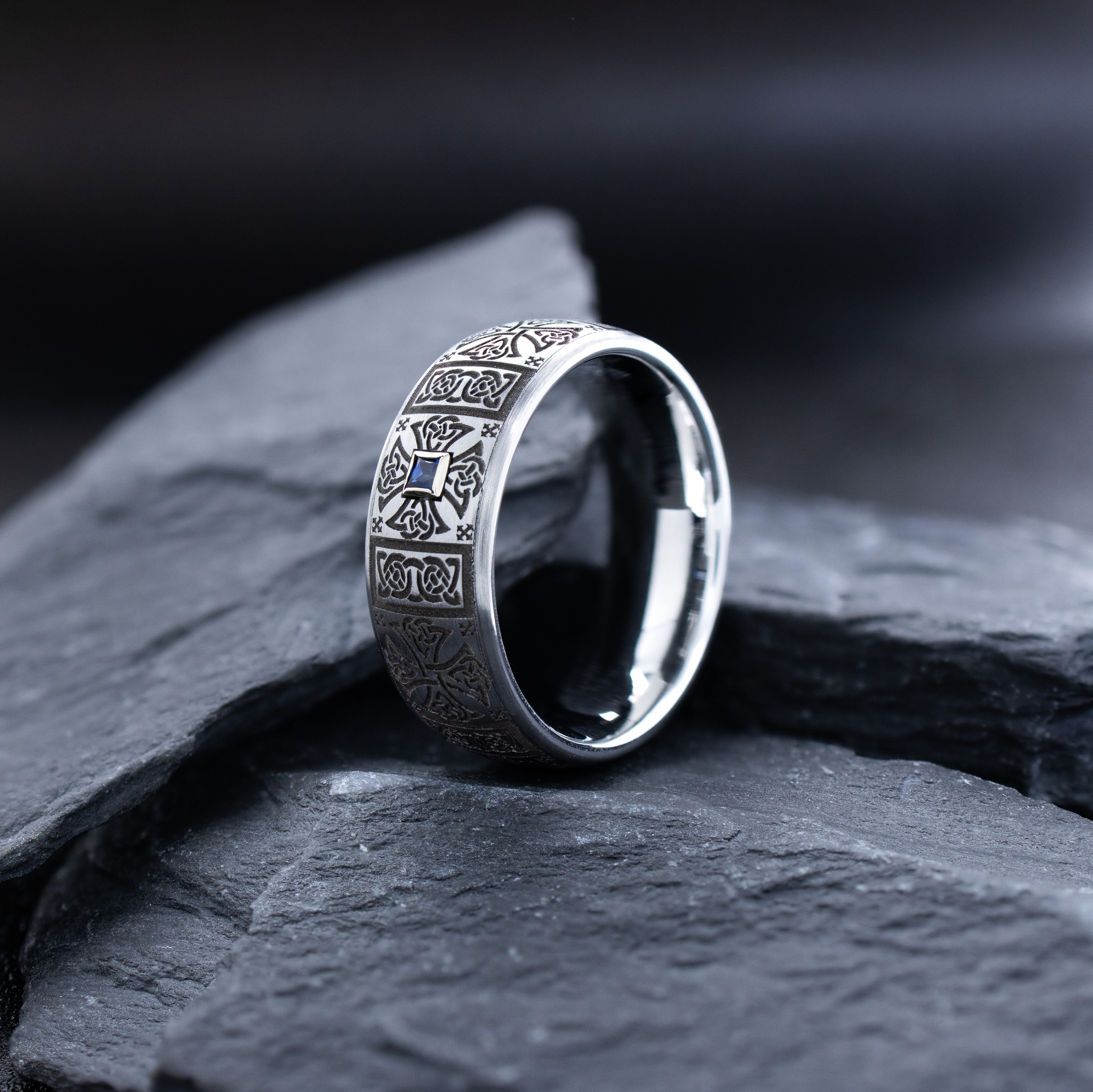 8mm Deep Engraved Tungsten Carbide Ring with Celtic Designs and Princess Cut Gemstone