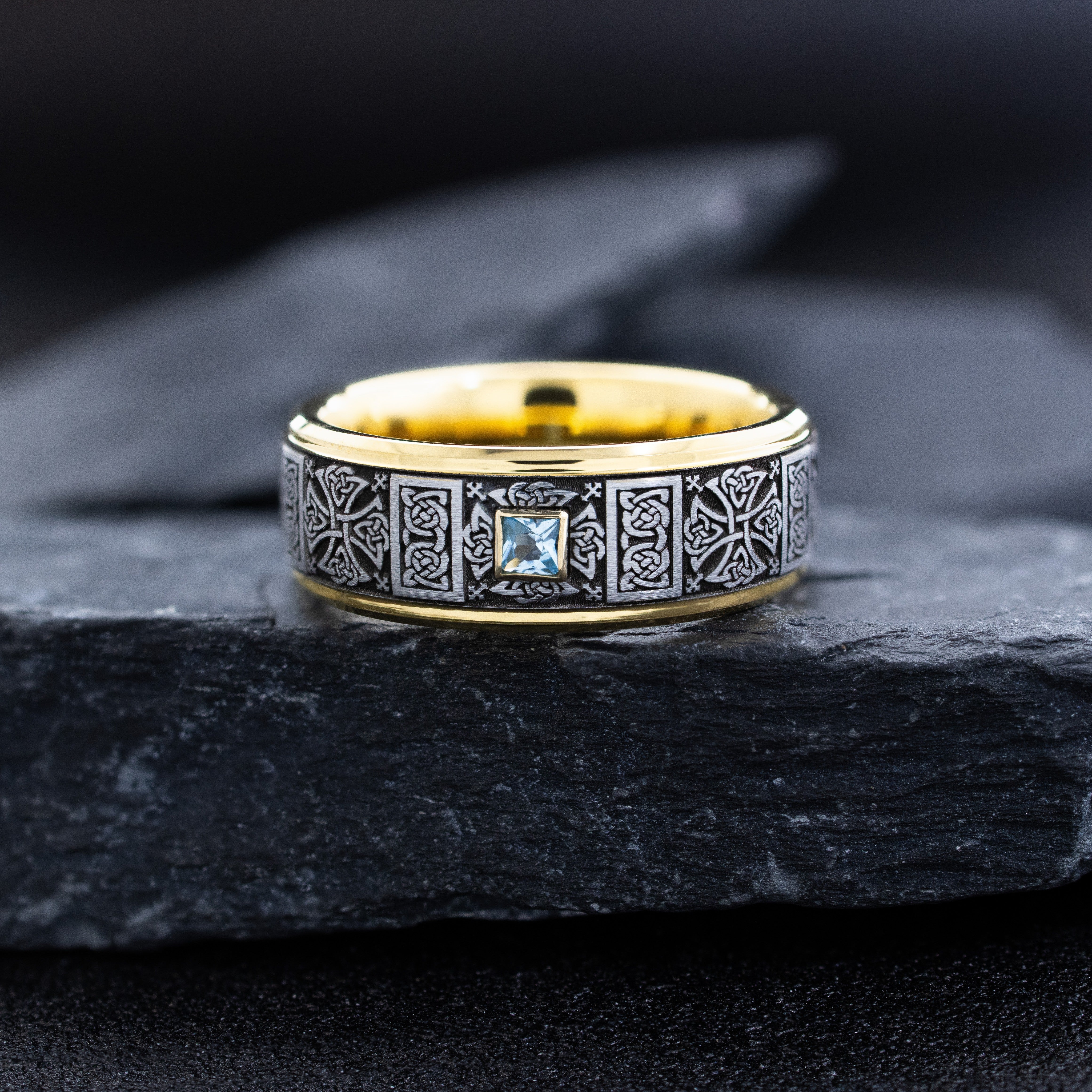 8mm Yellow Gold Deep Engraved Tungsten Carbide Ring with Gemstone and Celtic Patterns
