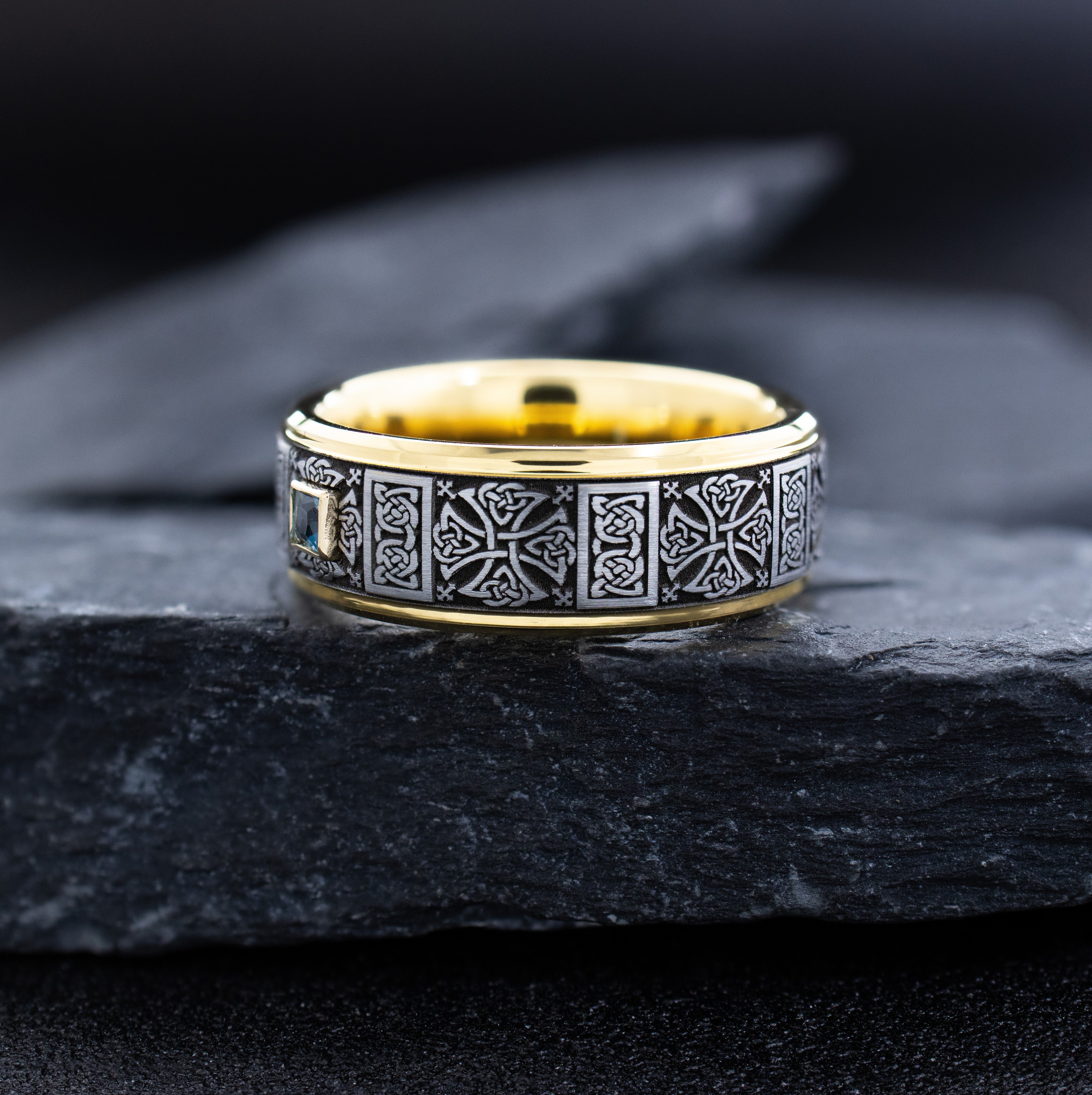 8mm Yellow Gold Deep Engraved Tungsten Carbide Ring with Gemstone and Celtic Patterns