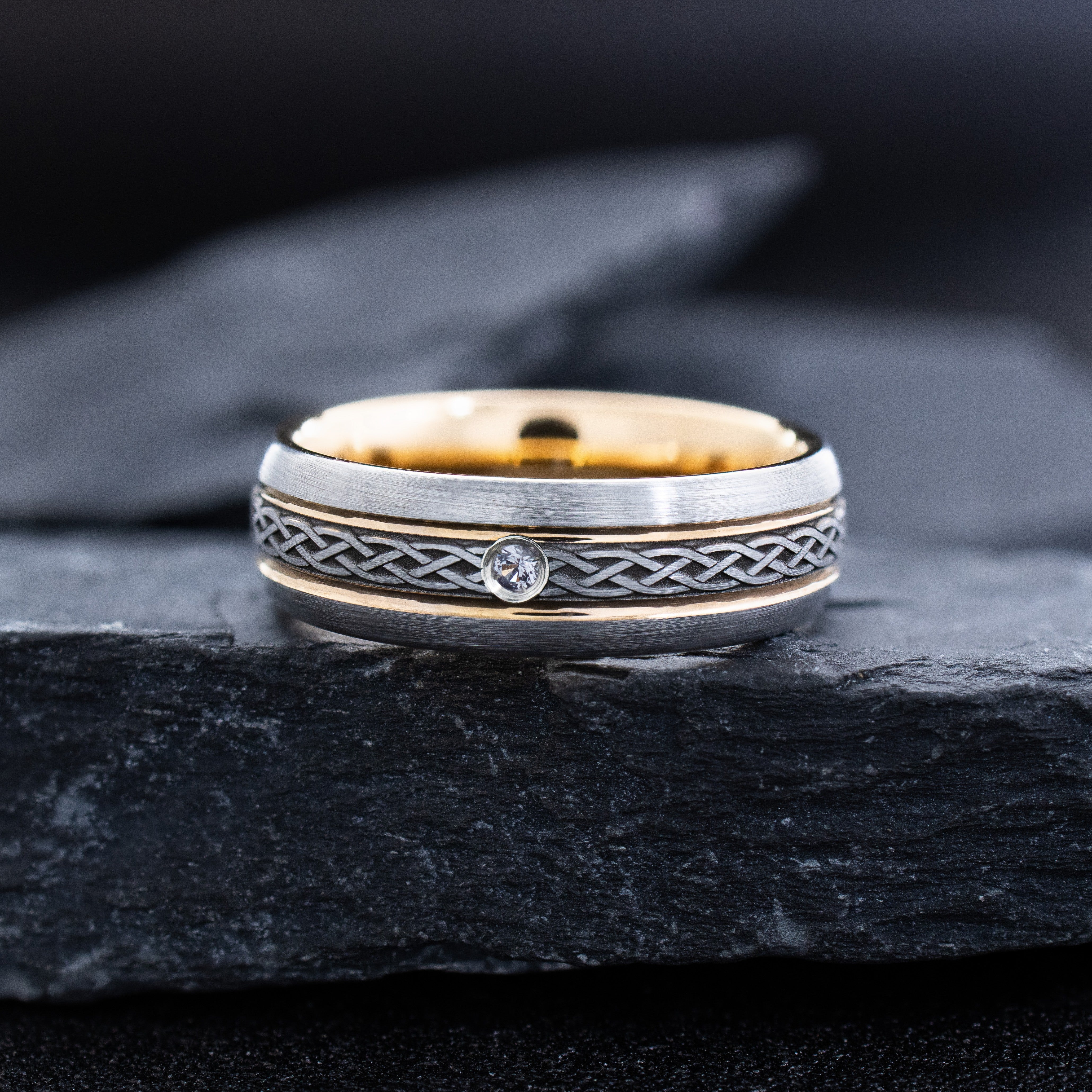 Rose Gold Plated 7mm Tungsten Carbide Ring with Thin Celtic Knot Engravings & Gemstone