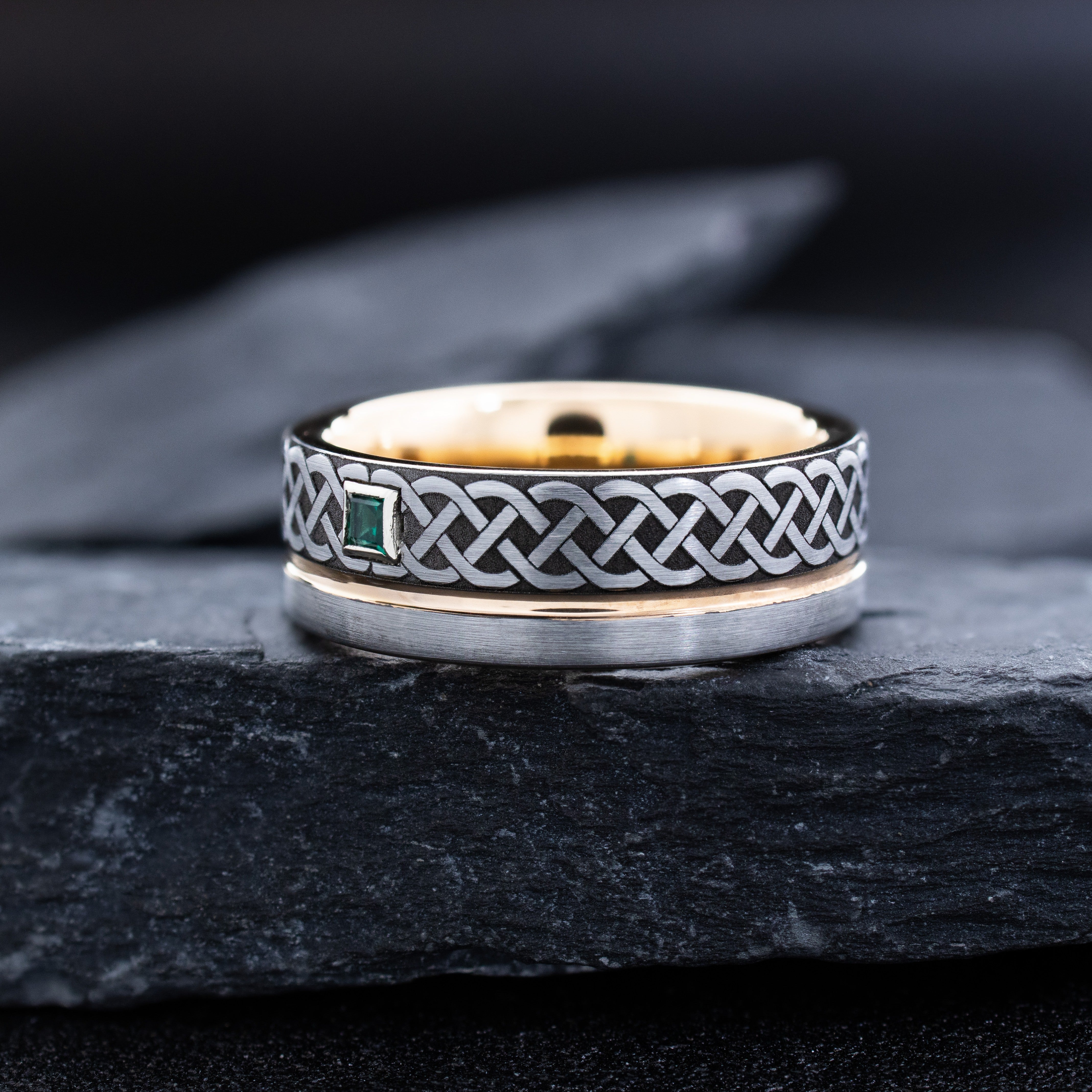 8mm Tungsten Carbide Ring with Rose Gold Plating, Celtic Braid Engraving, Groove and Gemstone