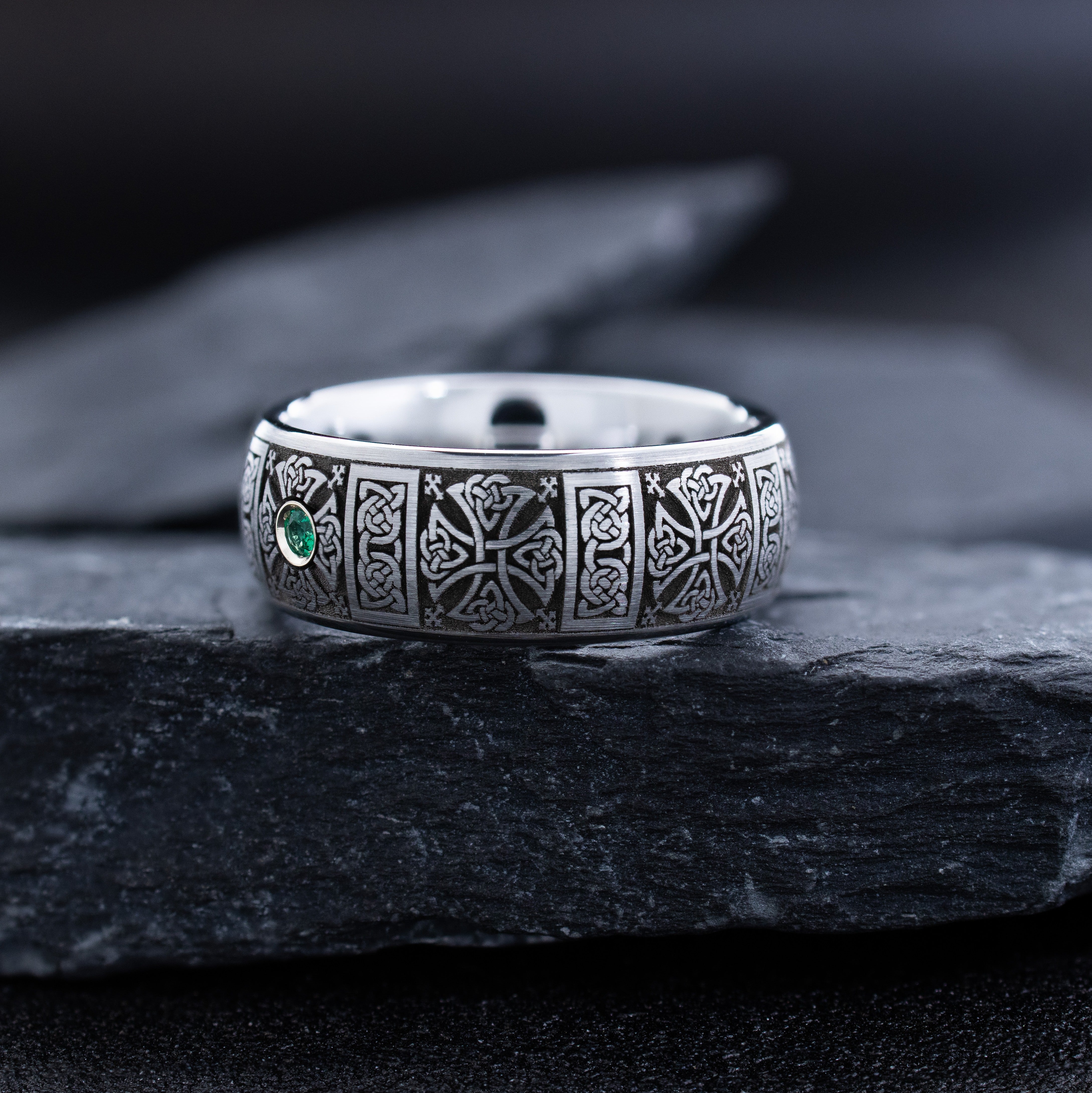 Deep Engraved Tungsten Carbide Ring with Irish Celtic Crosses and Round Cut Gemstone